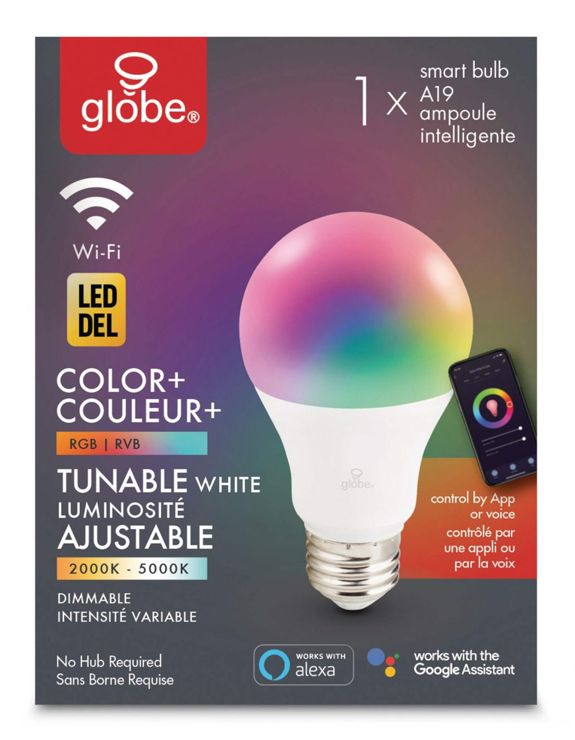 Globe Suite Electric A19 Smart Dimmable LED Light Bulb, 800 Lumens, Colour Tunable White, 60W Equivalent Front_Flat