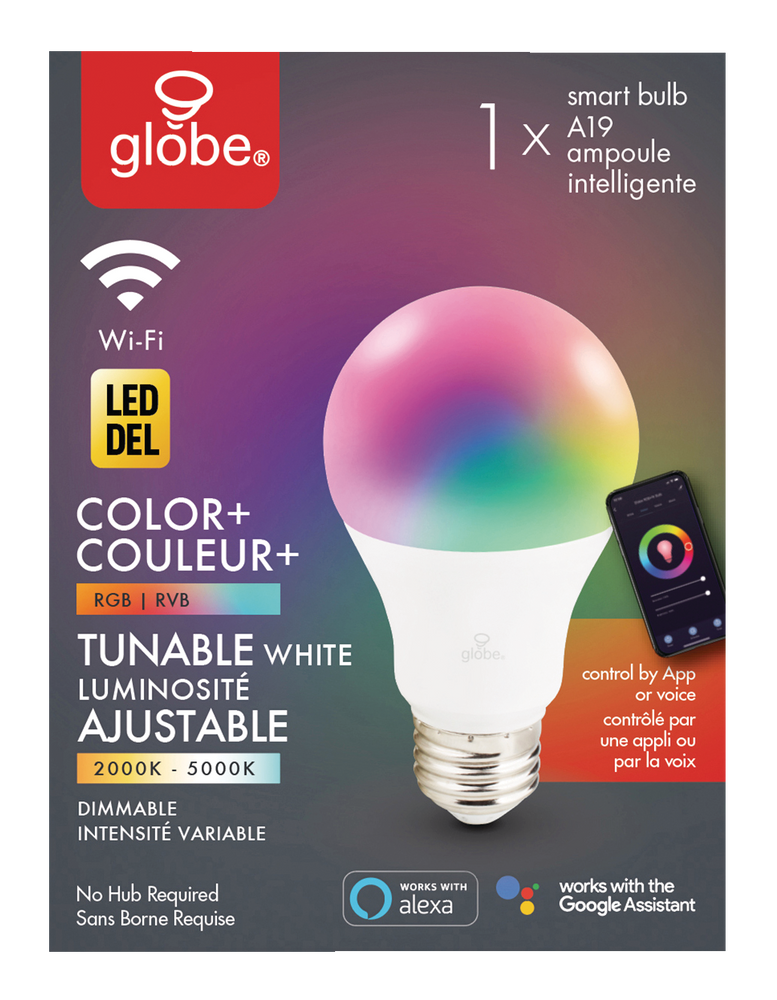 Globe Electric A19 Smart Dimmable LED Light Bulb, 800 Lumens, Colour