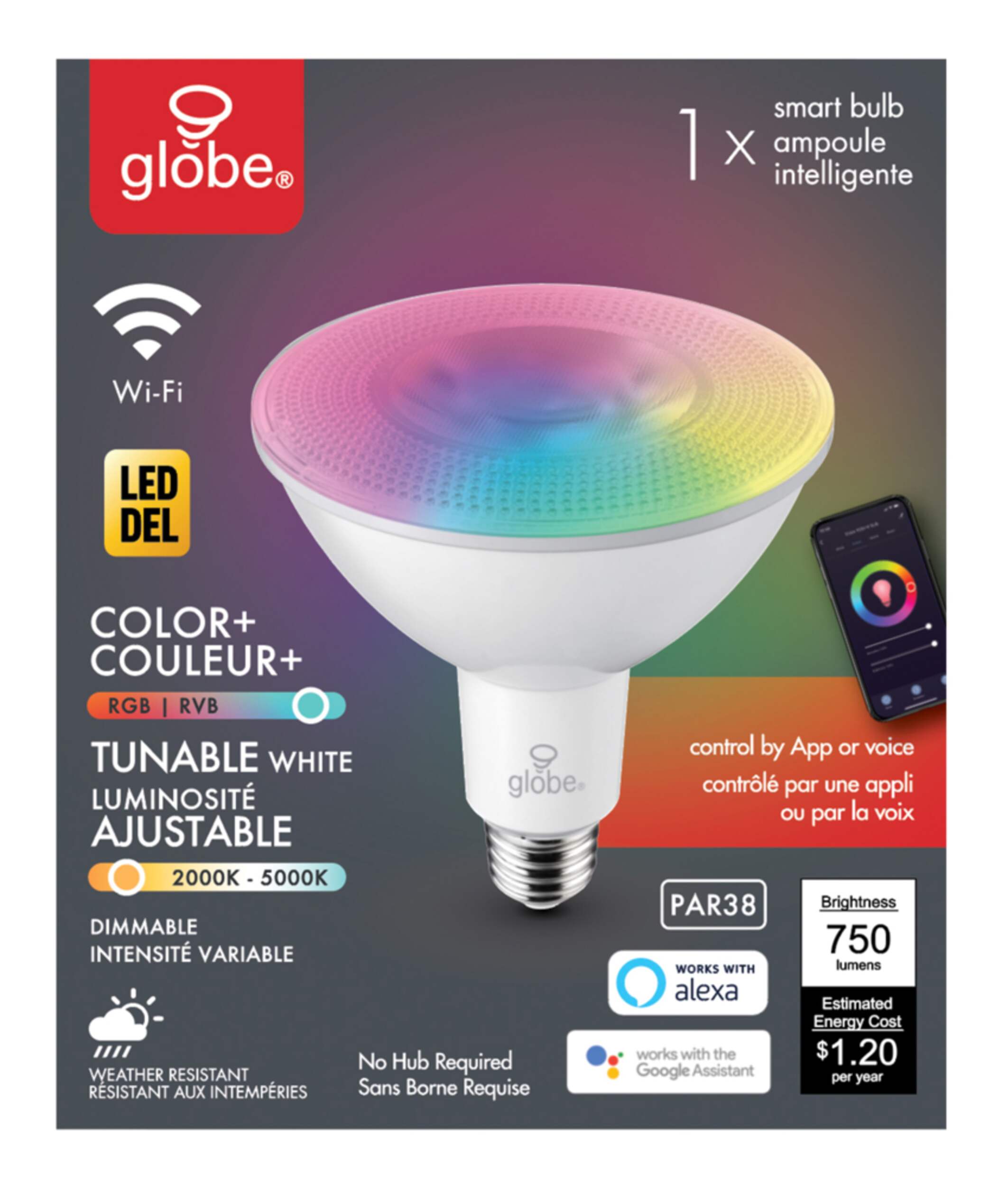 Globe Electric PAR38 Smart Dimmable LED Flood Light Bulb, 750 Lumens, Colour/Tunable White Front_Flat