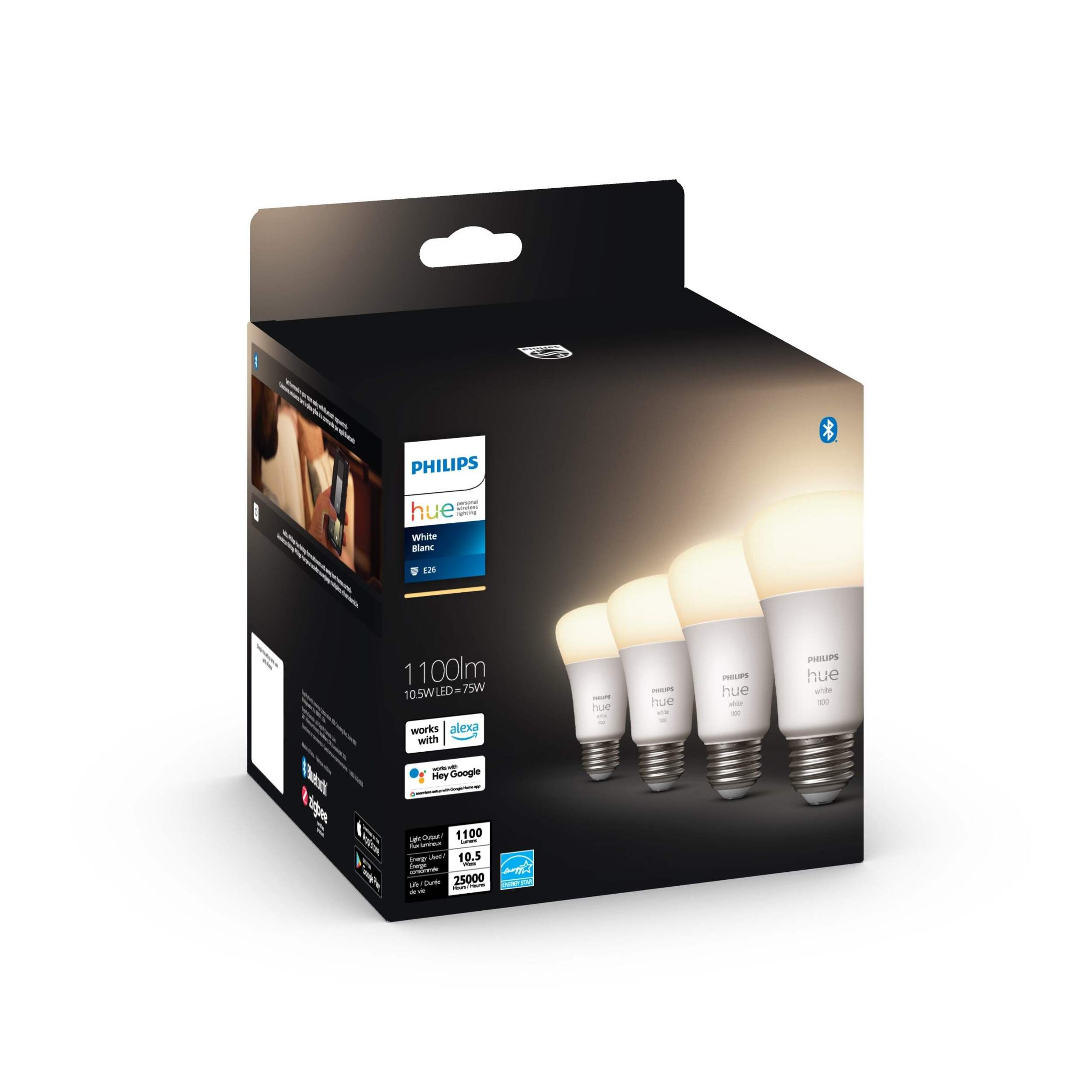 Philips Hue A19 Smart Bluetooth Dimmable LED Light Bulbs, 840 Lumens,Warm White, 4-pk Front_Angled_Right