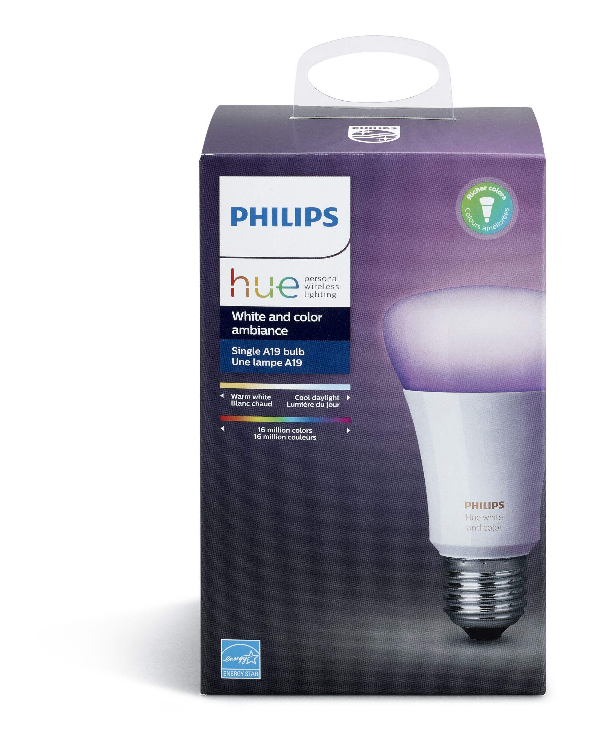 Philips Hue A19 Single Smart 75W LED Light Bulb, White & Colour Front_Elevated