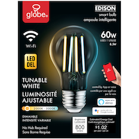 Globe Electric A19 Smart Wi-Fi Dimmable LED Edison Light Bulb, 800 Lumens, Tunable White, 60W Front_Flat