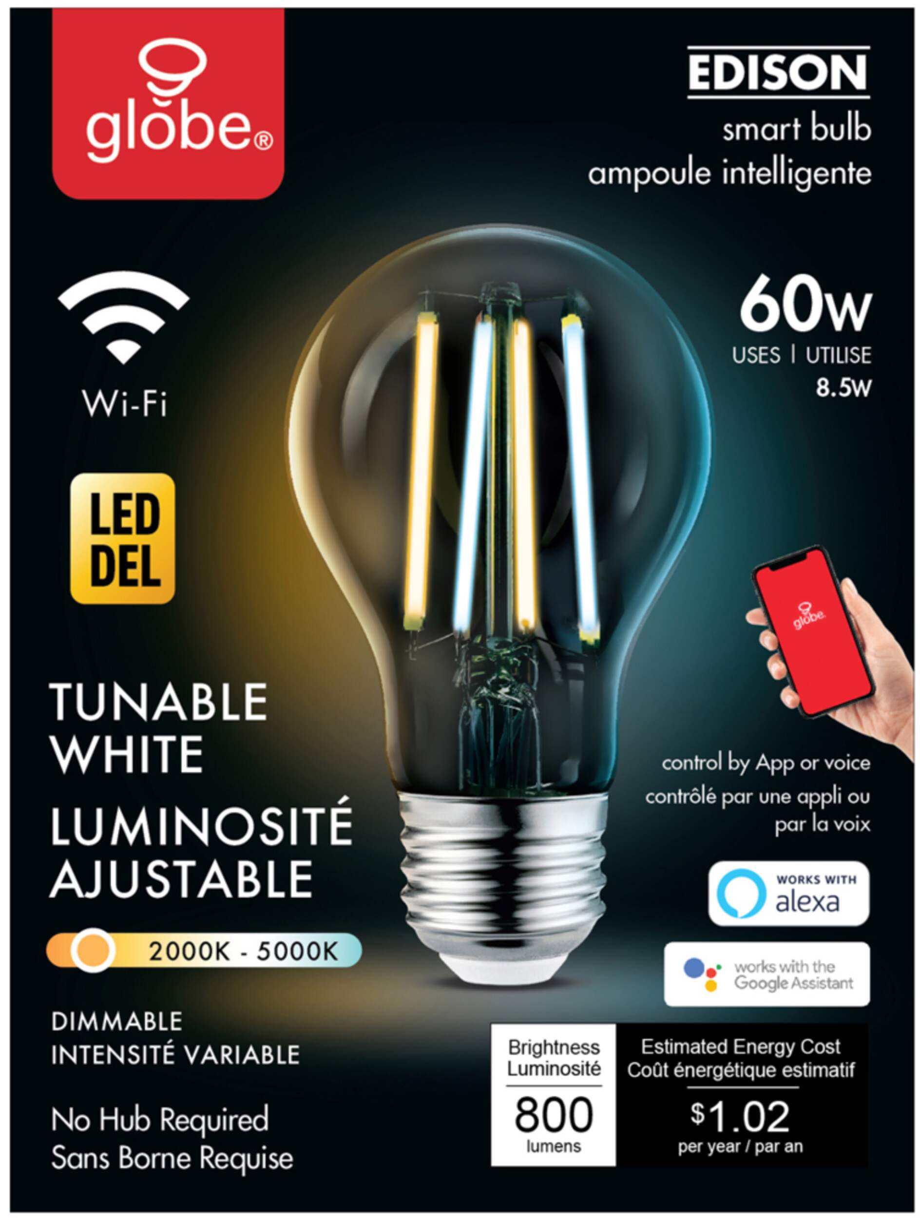 Globe Electric A19 Smart Wi-Fi Dimmable LED Edison Light Bulb, 800 Lumens, Tunable White, 60W Front_Flat