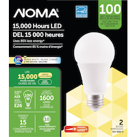 NOMA A19 E26 Base Household Dimmable LED Light Bulbs, 1600 Lumens, Warm White, 100W, 2-pk Front_Flat