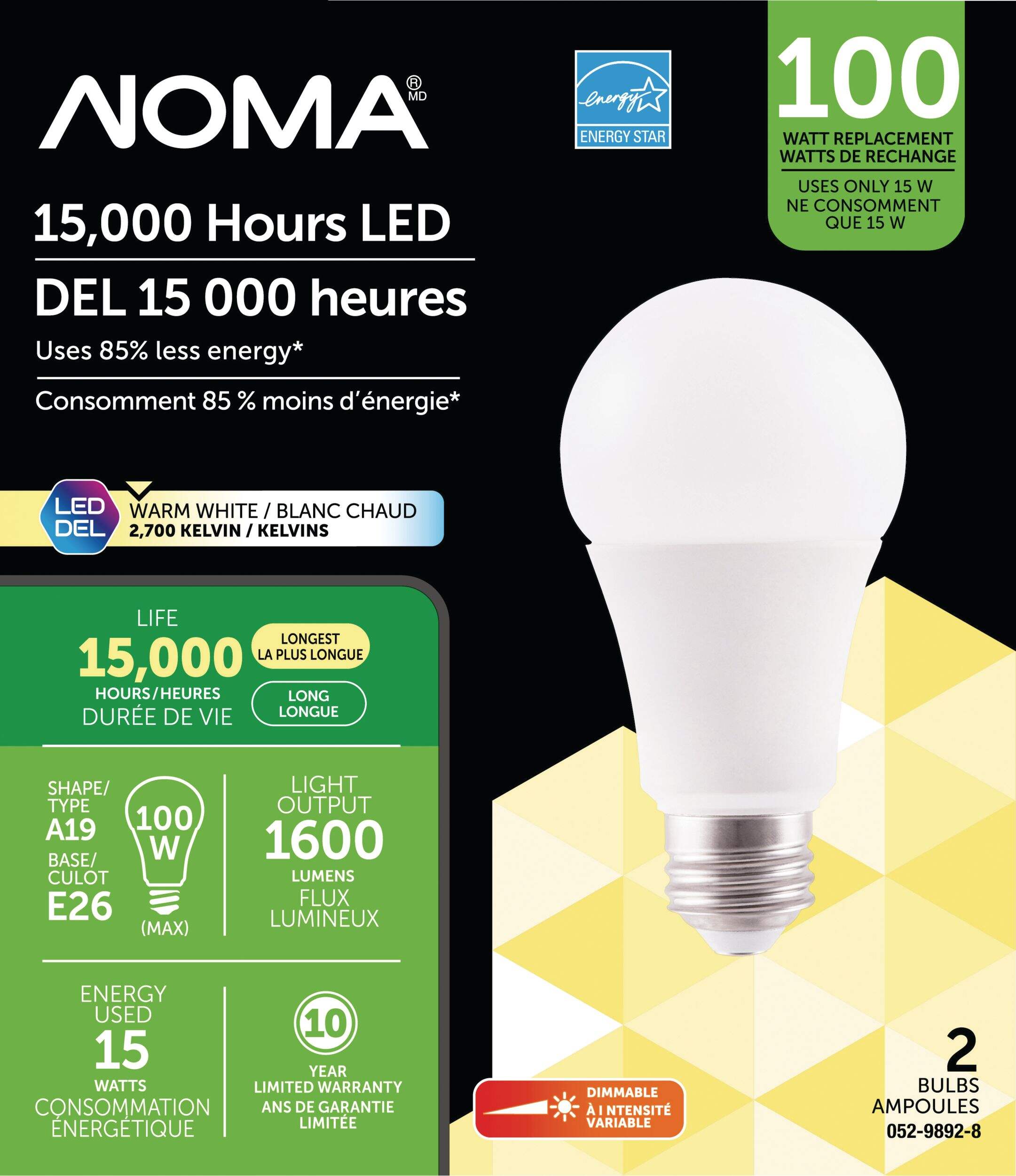 Ampoules pour projecteur à DEL à intensité variable à culot E26 pour la maison NOMA A19, 1600 lumens, blanc chaud, 100 W, paq. 2 Front_Flat