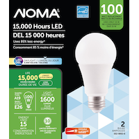 NOMA A19 E26 Base Household Dimmable LED Light Bulbs, 1600 Lumens, Daylight, 100W, 2-pk Front_Flat