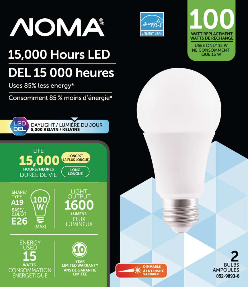 rigtig meget evne bølge NOMA A19 E26 Base Household Dimmable LED Light Bulbs, 1600 Lumens,  Daylight, 100W, 2-pk | Canadian Tire