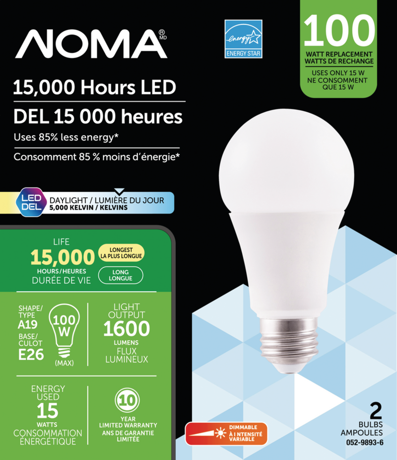NOMA A19 E26 Base Household Dimmable LED Light Bulbs, 1600 Lumens