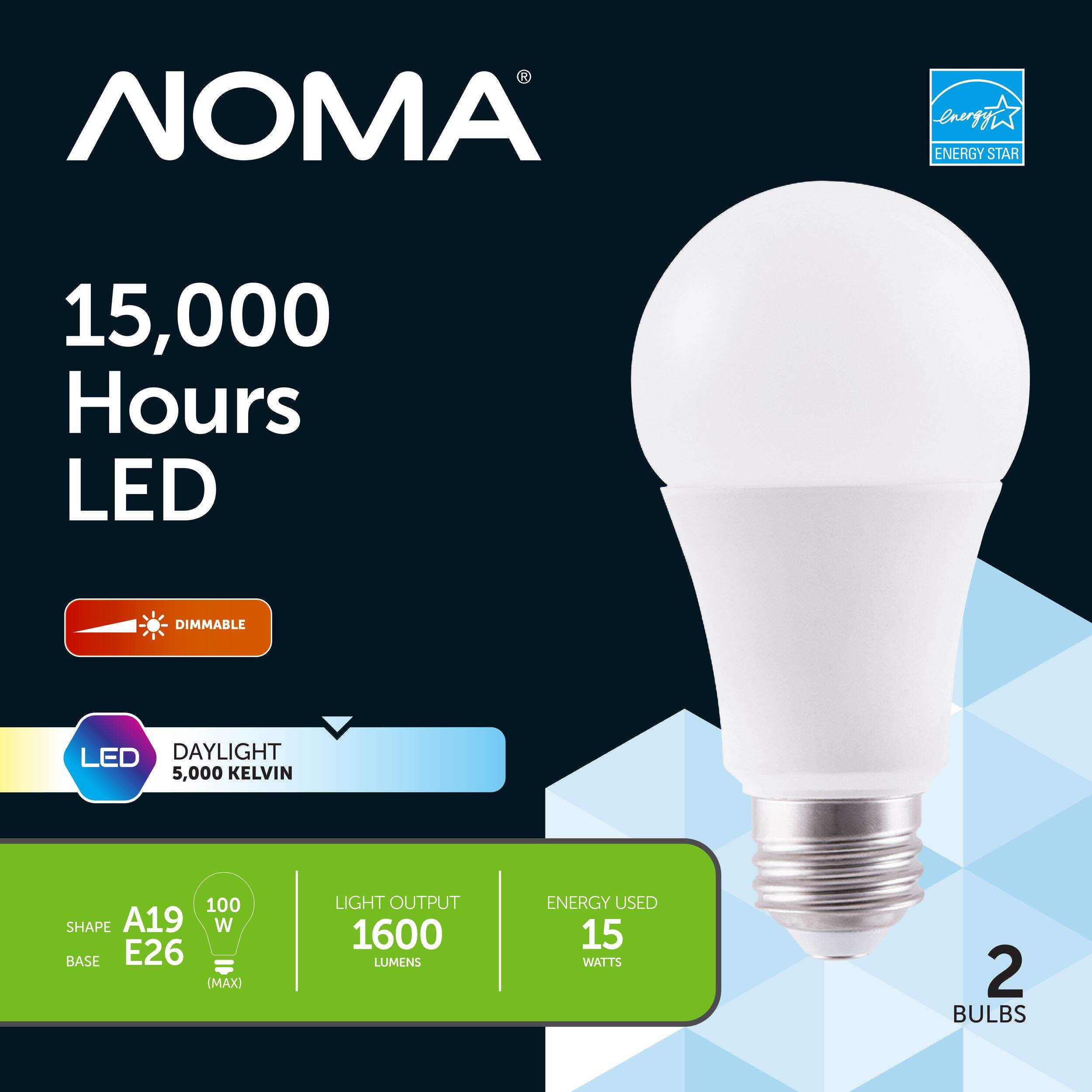 NOMA A19 E26 Base Household Dimmable LED Light Bulbs, 1600 Lumens, Daylight, 100W, 2-pk Front_Flat