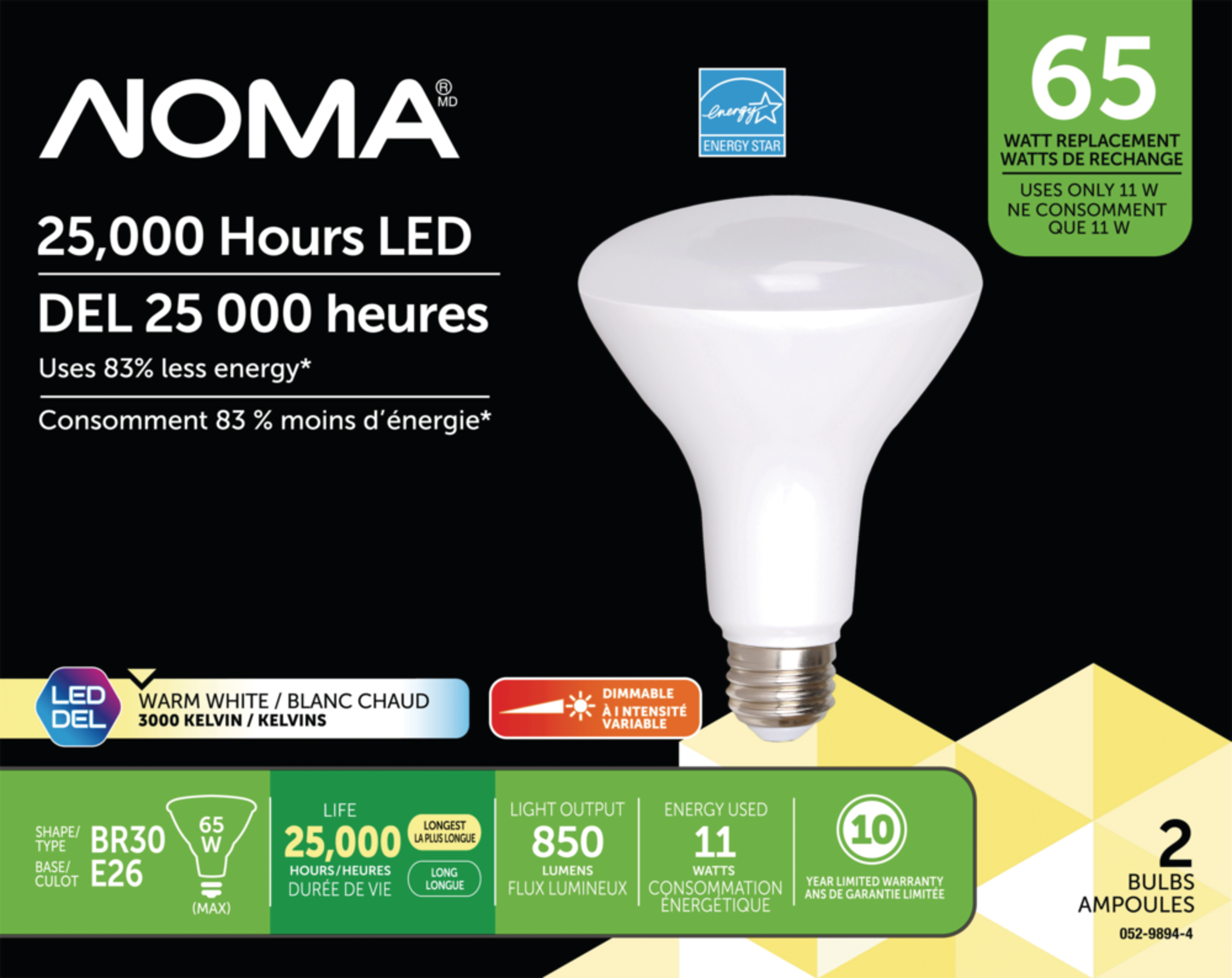 NOMA BR30 E26 Base Dimmable LED Light Bulbs, 3000K, 850 Lumens, Warm White, 65W, 2-pk Front_Flat