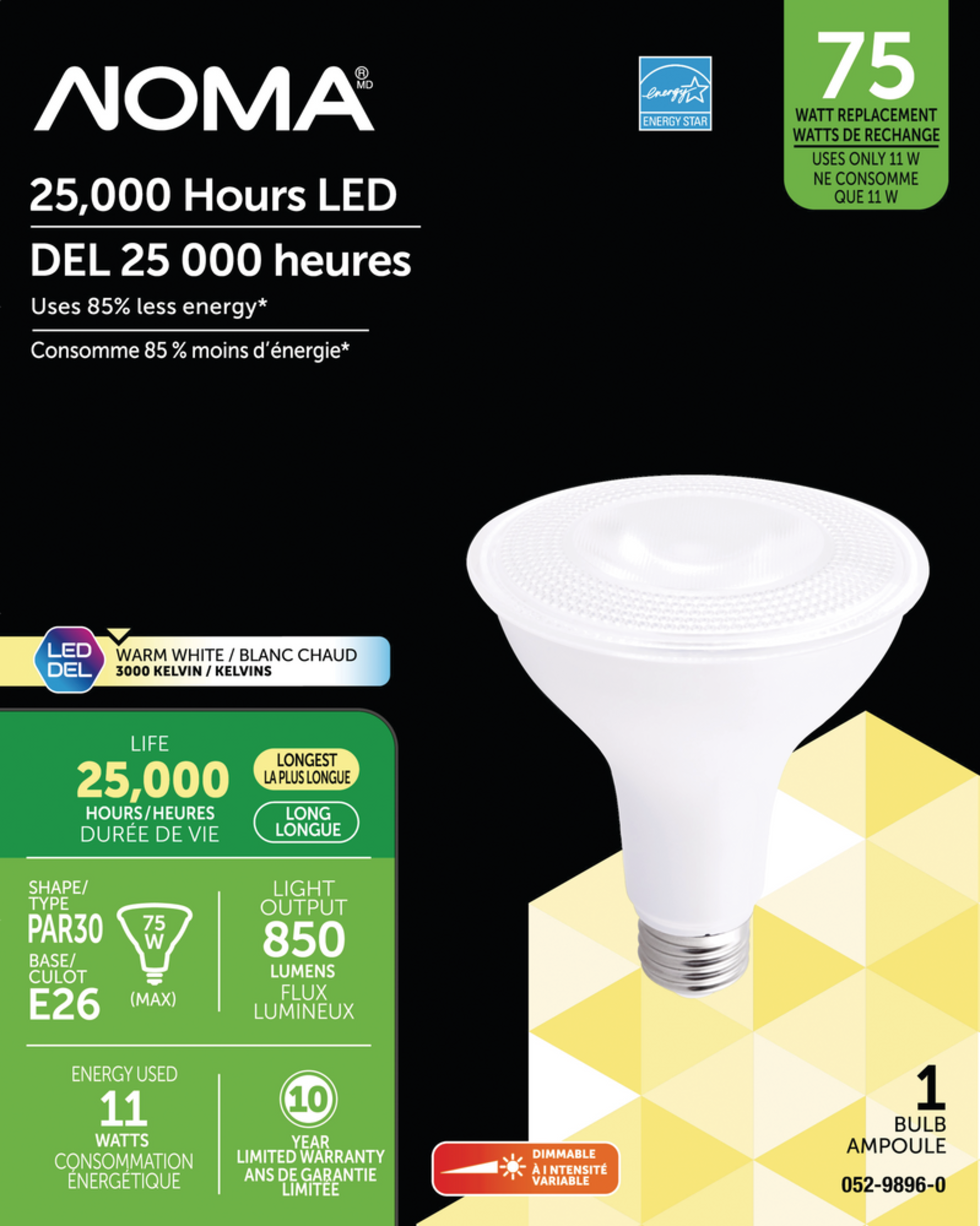 Ampoule pour projecteur à DEL à intensité variable à culot E26 NOMA PAR30, 3000K, 850 lumens, blanc chaud, 75 W Front_Flat