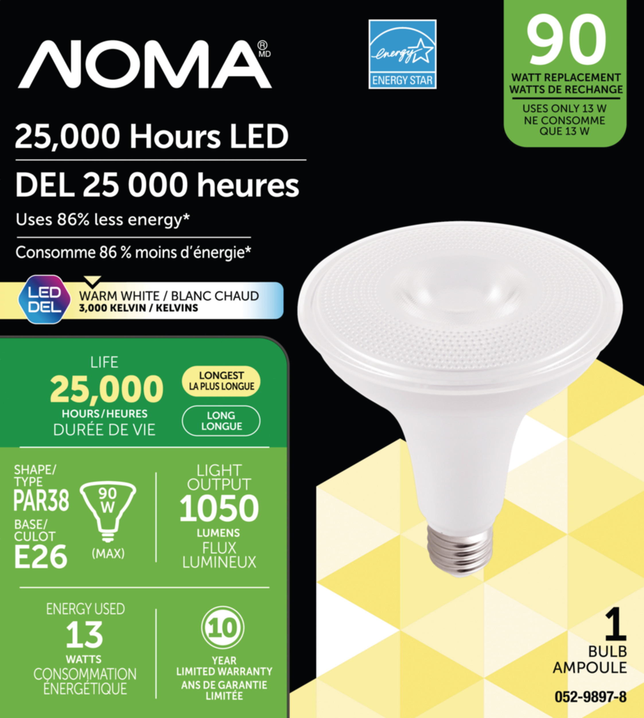 Ampoule pour projecteur à DEL non variable à culot E26 NOMA PAR38, 3000K, 1050 lumens, blanc chaud, 90 W Front_Flat