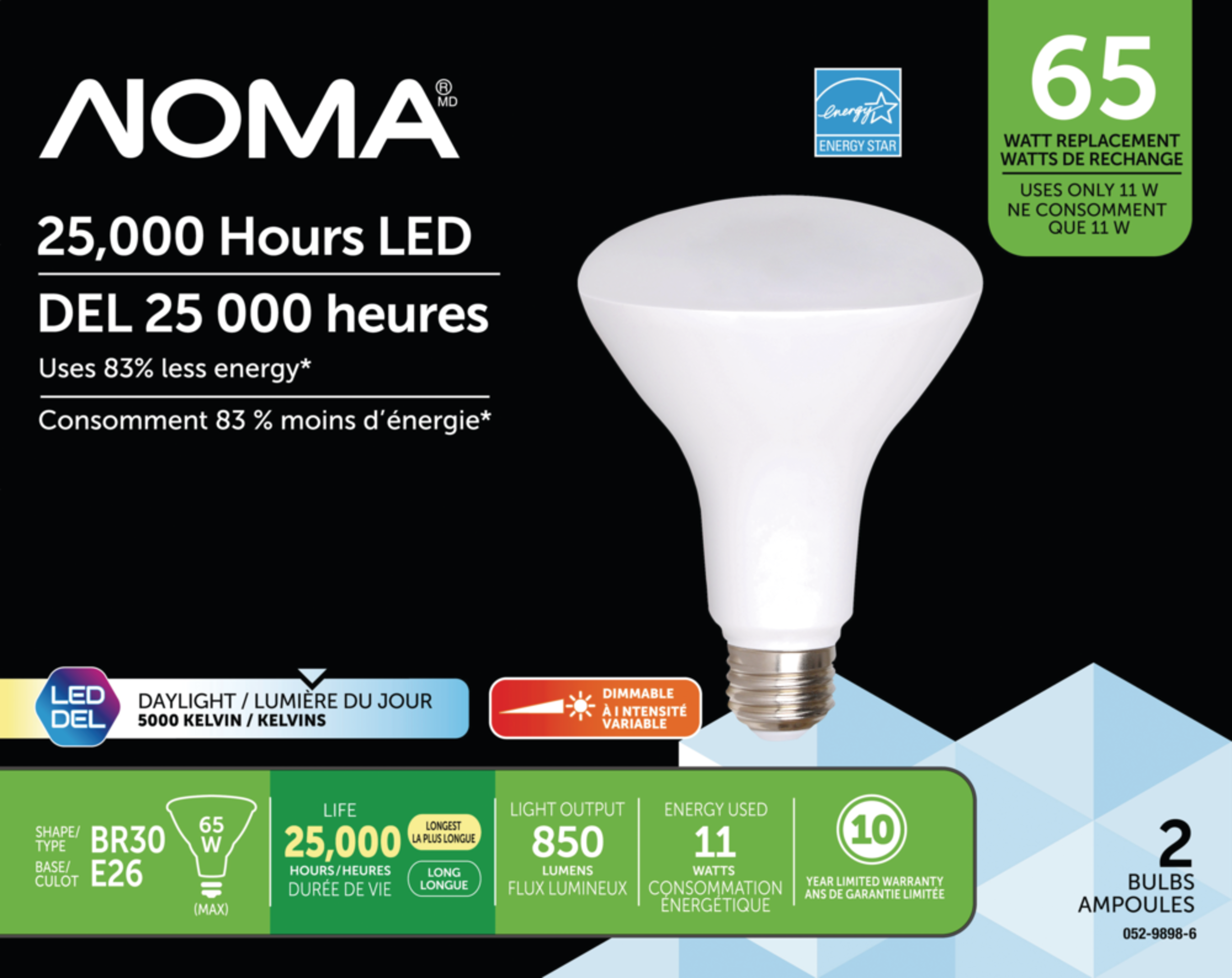 Ampoules à DEL à culot E26 à intensité variable NOMA BR30, 5000K, 850 lumens, lumière du jour, 65 W, paq. 2 Front_Flat