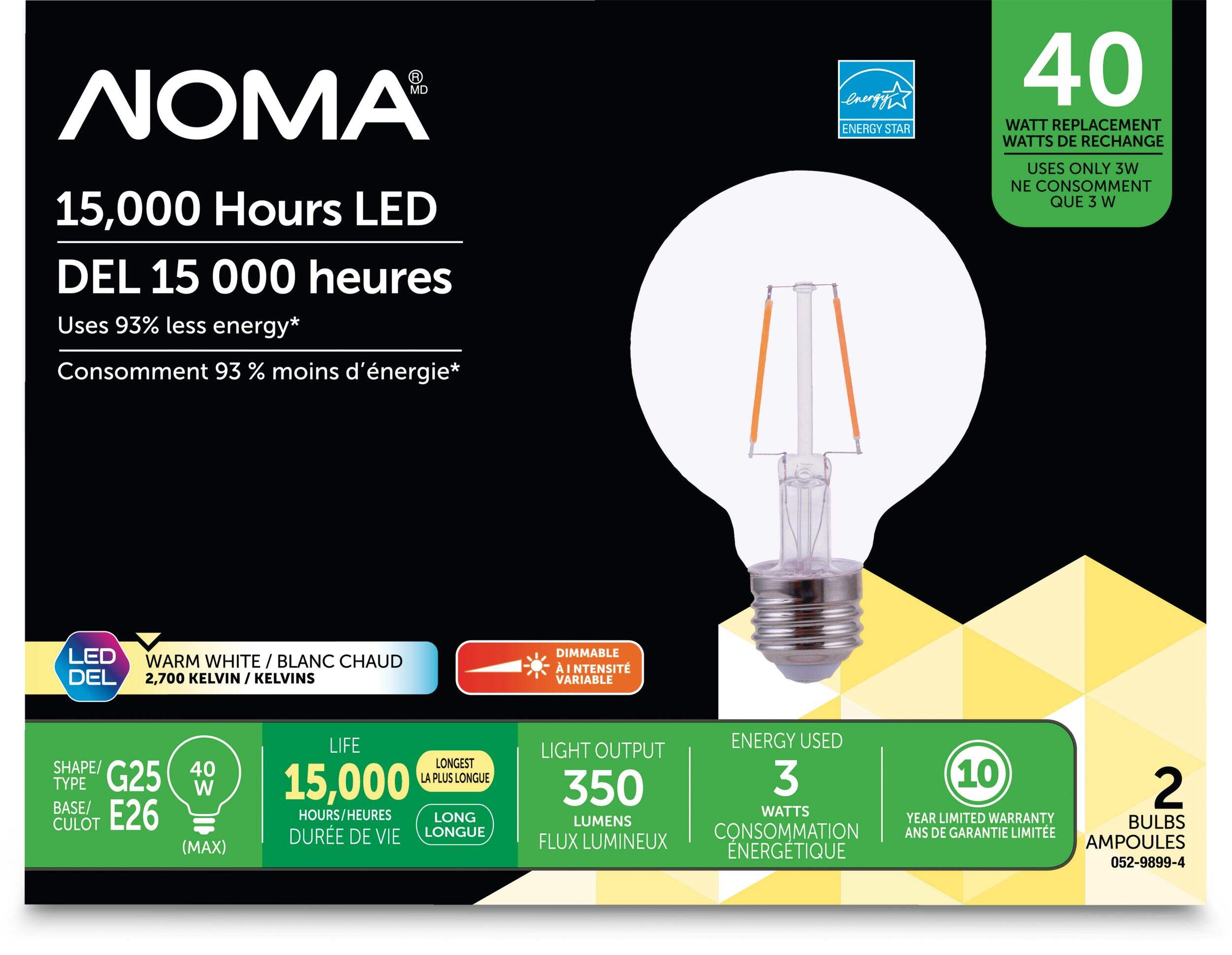 NOMA G25 E26 Base Globe Dimmable LED Light Bulbs 350 Lumens, Warm White, 40W, 2-pk Front_Flat