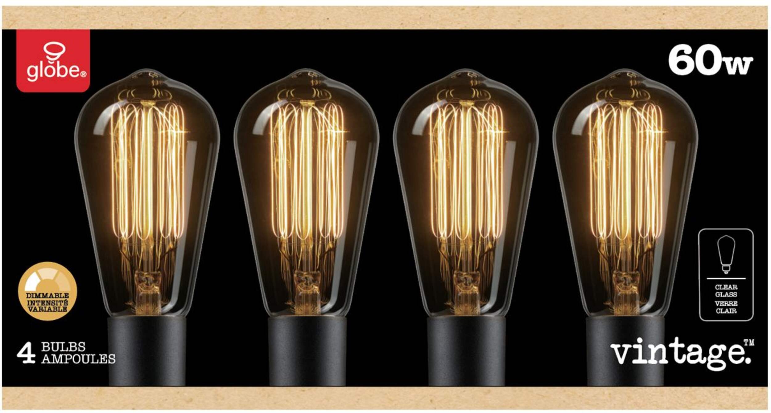 Globe Electric 60W Vintage Edison S60 Dimmable Incandescent Light Bulb, E26 Base, 4-pk Front_Flat