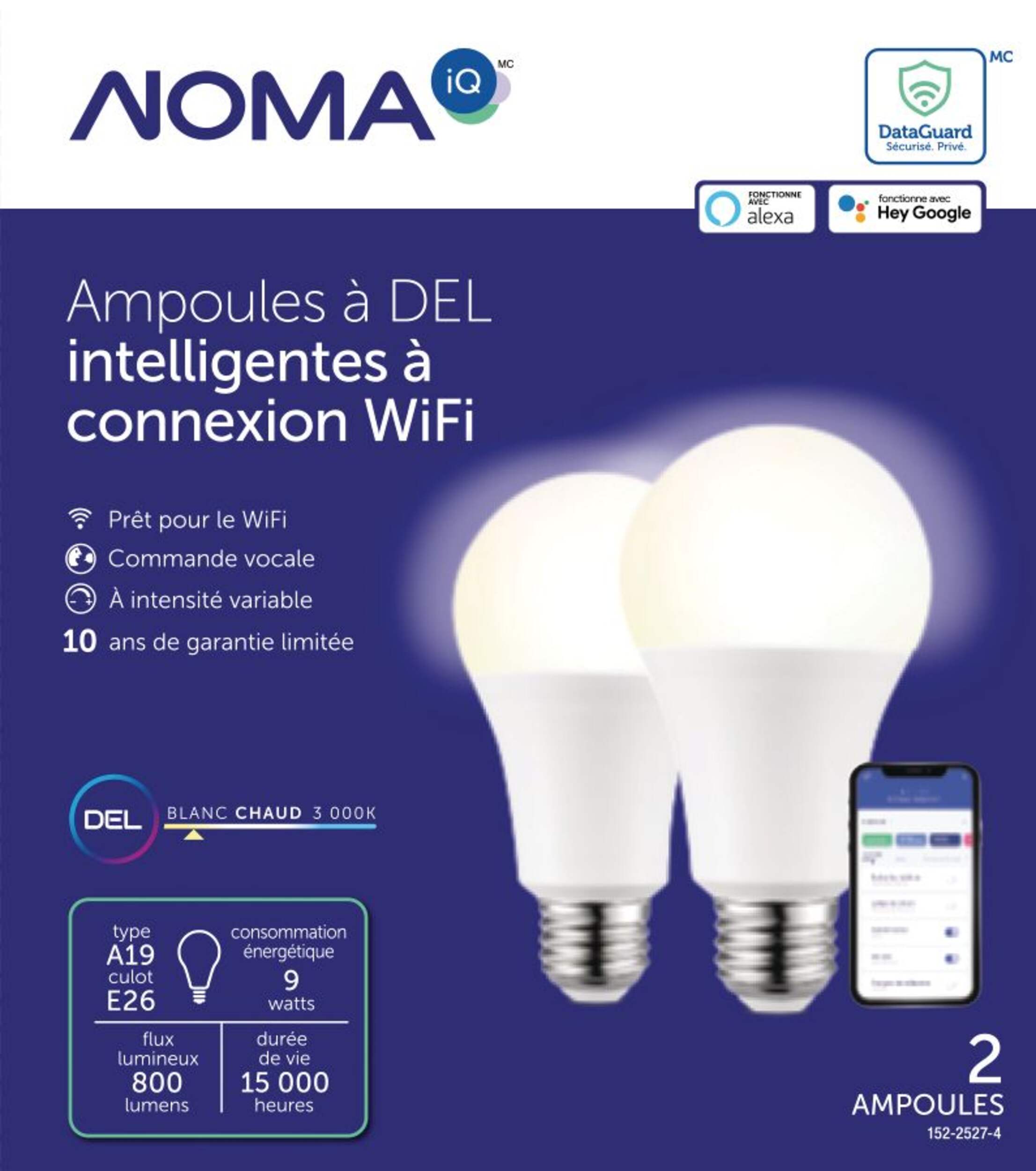 Ampoules à DEL intelligentes Wi-Fi NOMA iQ, blanc chaud, paq. 2 Front_Flat