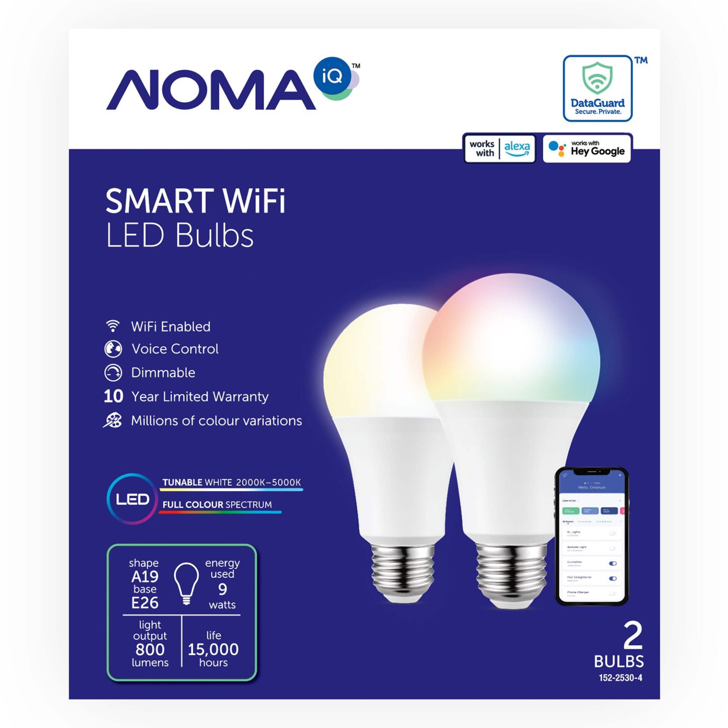 NOMA iQ™ A19 E26 Base Smart Dimmable LED Light Bulbs, Tunable White/Colour, 2-pk Front_Flat