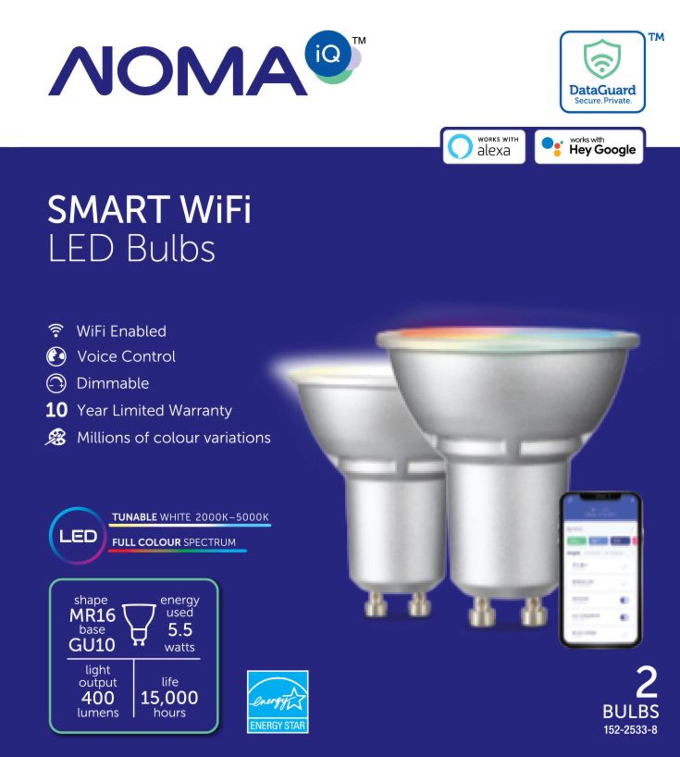 NOMA iQ™ Smart Wi-Fi LED Bulbs, Tunable White, Full Colour Spectrum, 2-pk Front_Flat