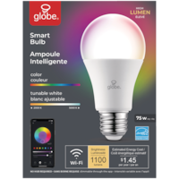 Globe Electric A19 Smart Wi-Fi LED Light Bulb, 1100 Lumens, Colour/Tunable White, 75W Front_Flat