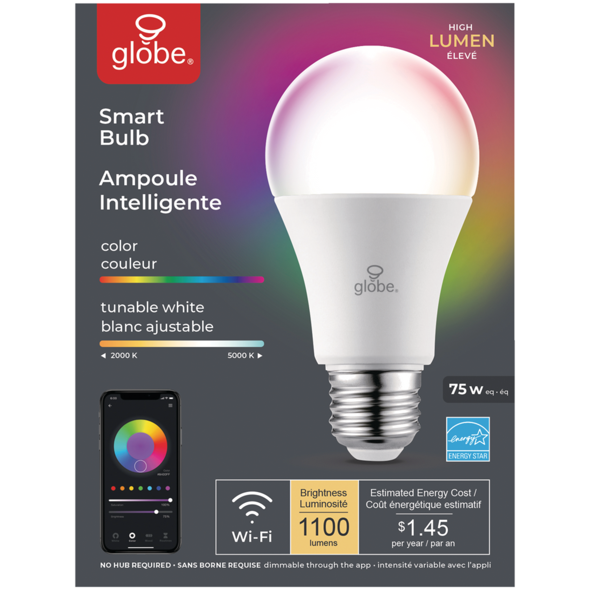 Ampoule à DEL intelligente Wi-Fi Globe Electric A19, 1100 lumens, couleur/luminosité ajustable, 75 W Front_Flat