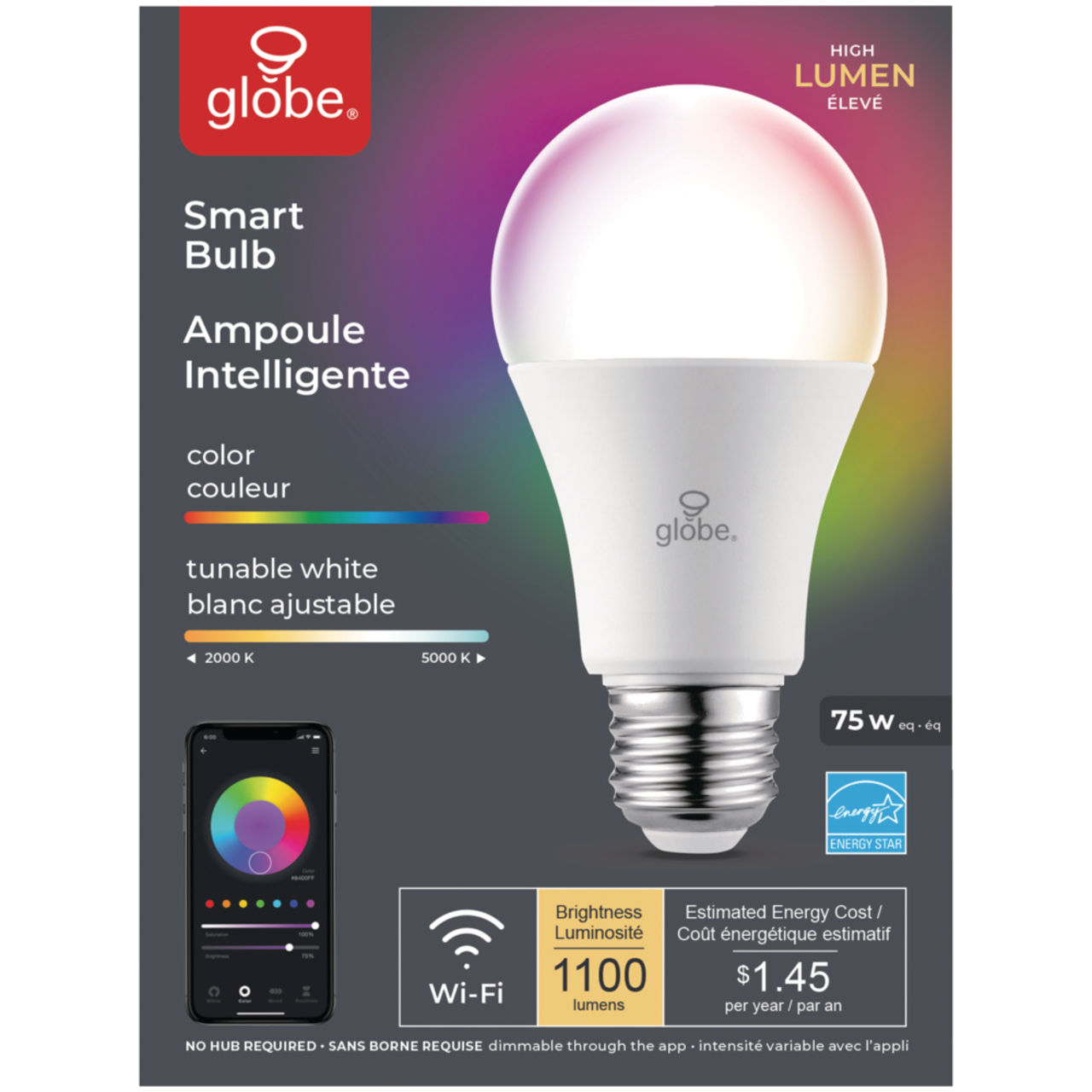 Globe Electric A19 Smart Wi-Fi LED Light Bulb, 1100 Lumens, Colour/Tunable  White, 75W