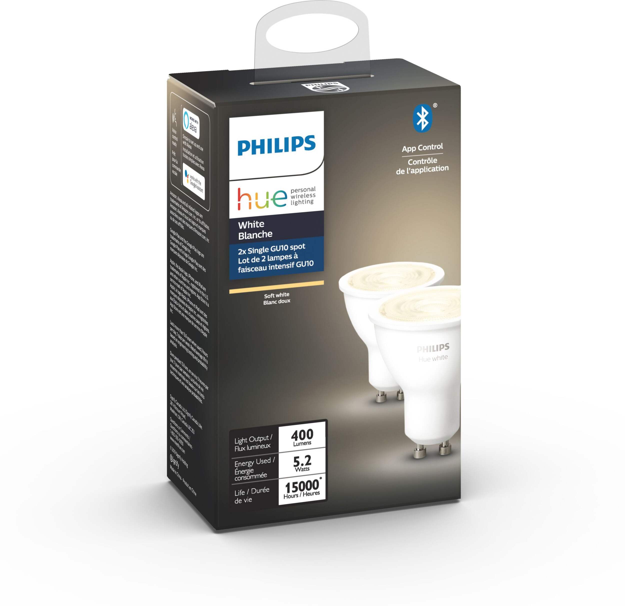 Philips Hue GU10 Base Smart Dimmable Bluetooth LED Light Bulbs, 400 Lumens, Soft White, 2-pk Front_Angled_Right