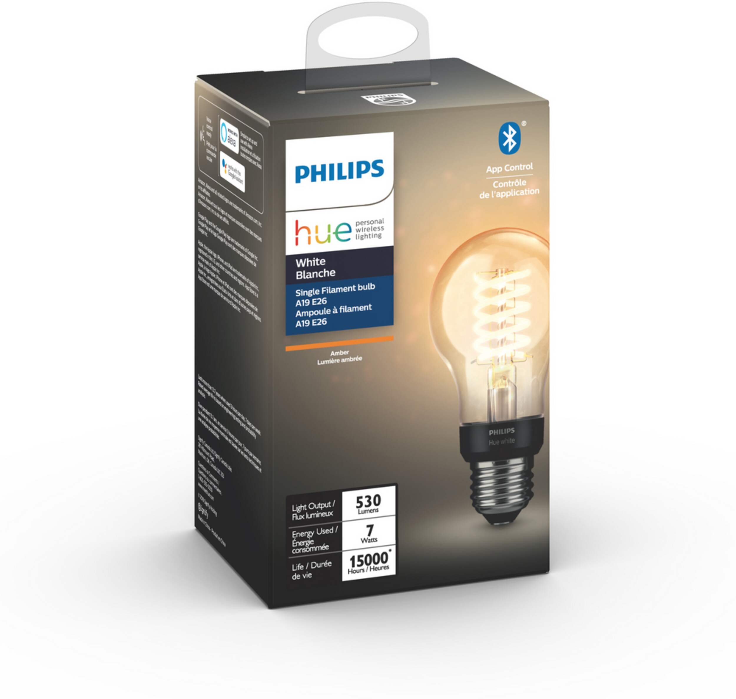 Philips Hue A19 E26 Single Filament Smart Bluetooth LED Light Bulb, 530 Lumens, Amber, 7W Front_Angled_Right