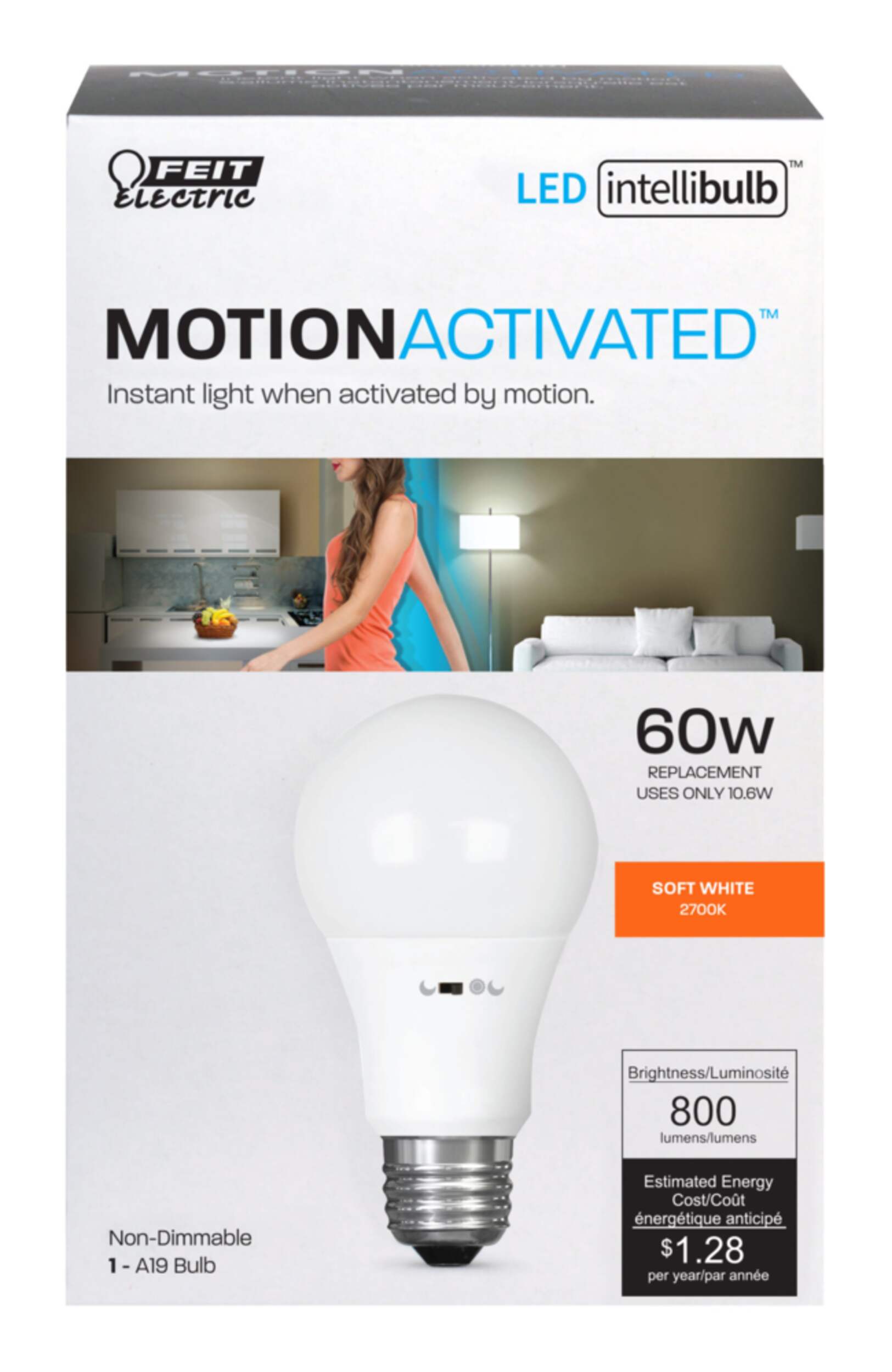 Feit Electric A19 E26 Base Motion Activated Non-Dimmable LED Light Bulb, Soft White, 60W Front_Elevated