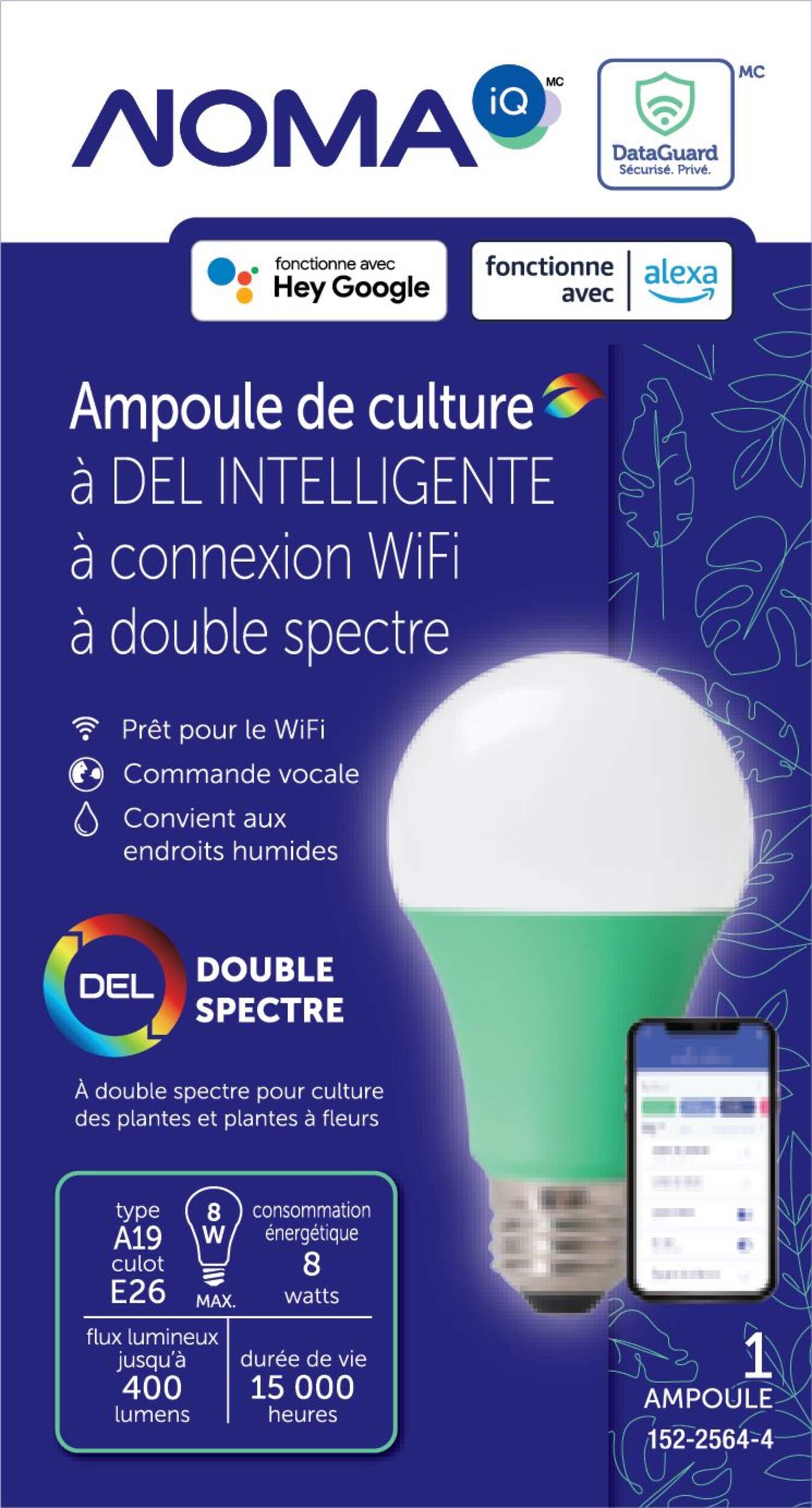 Ampoule de croissance intelligente à DEL Wi-Fi NOMA iQ, A19 Front_Flat