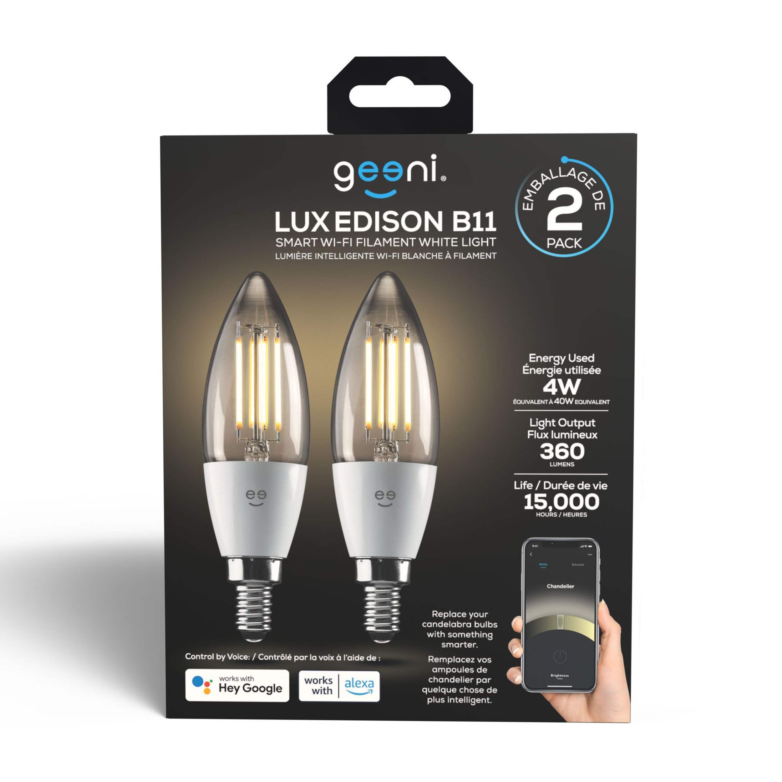 Geeni LUX B11 Smart Edison Light Bulb, 2-pk Front_Flat