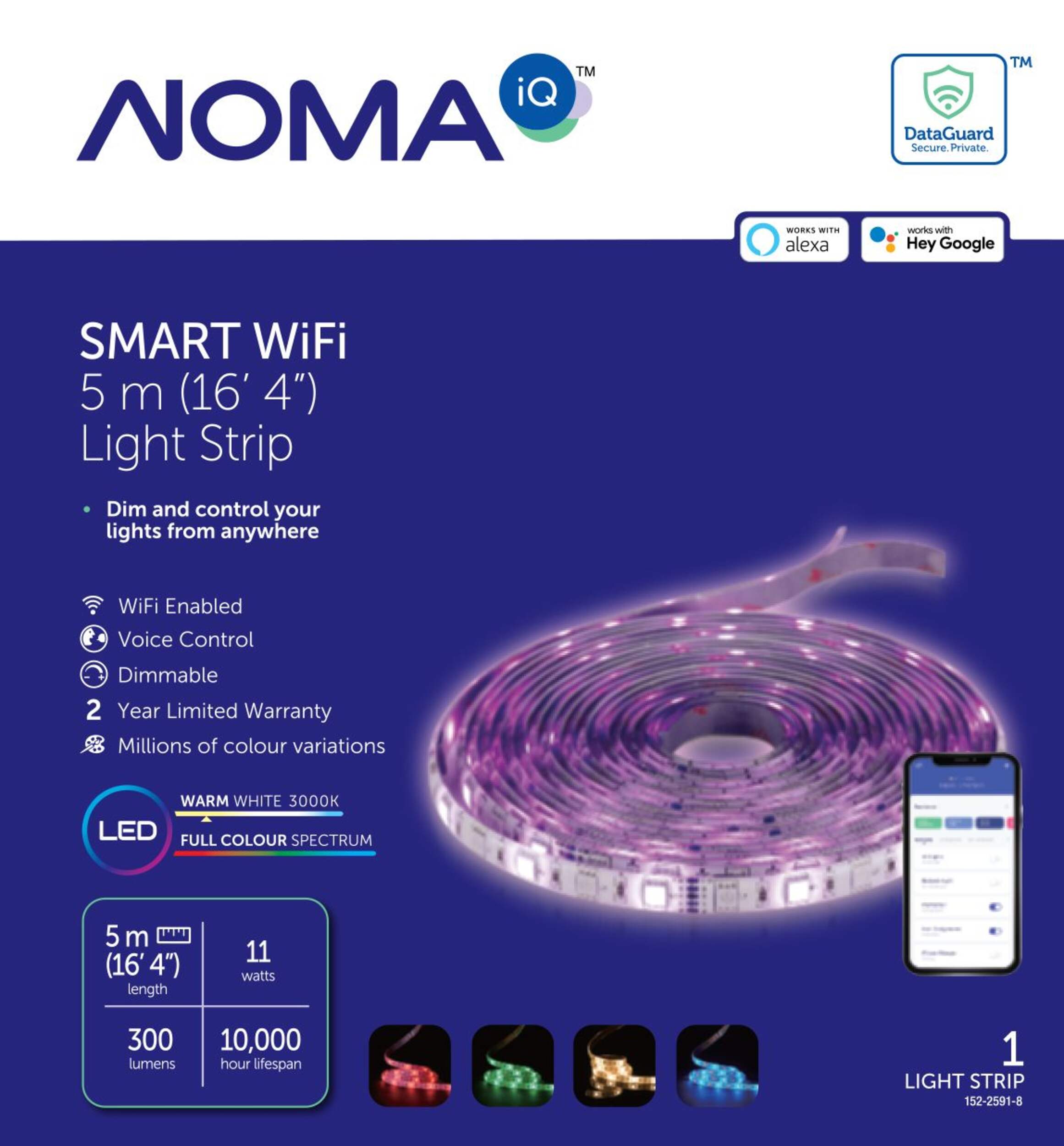 NOMA iQ™ Smart Wi-Fi Dimmable LED Light Strip, 300 Lumens, Warm White/Full Colour, 5m Front_Flat