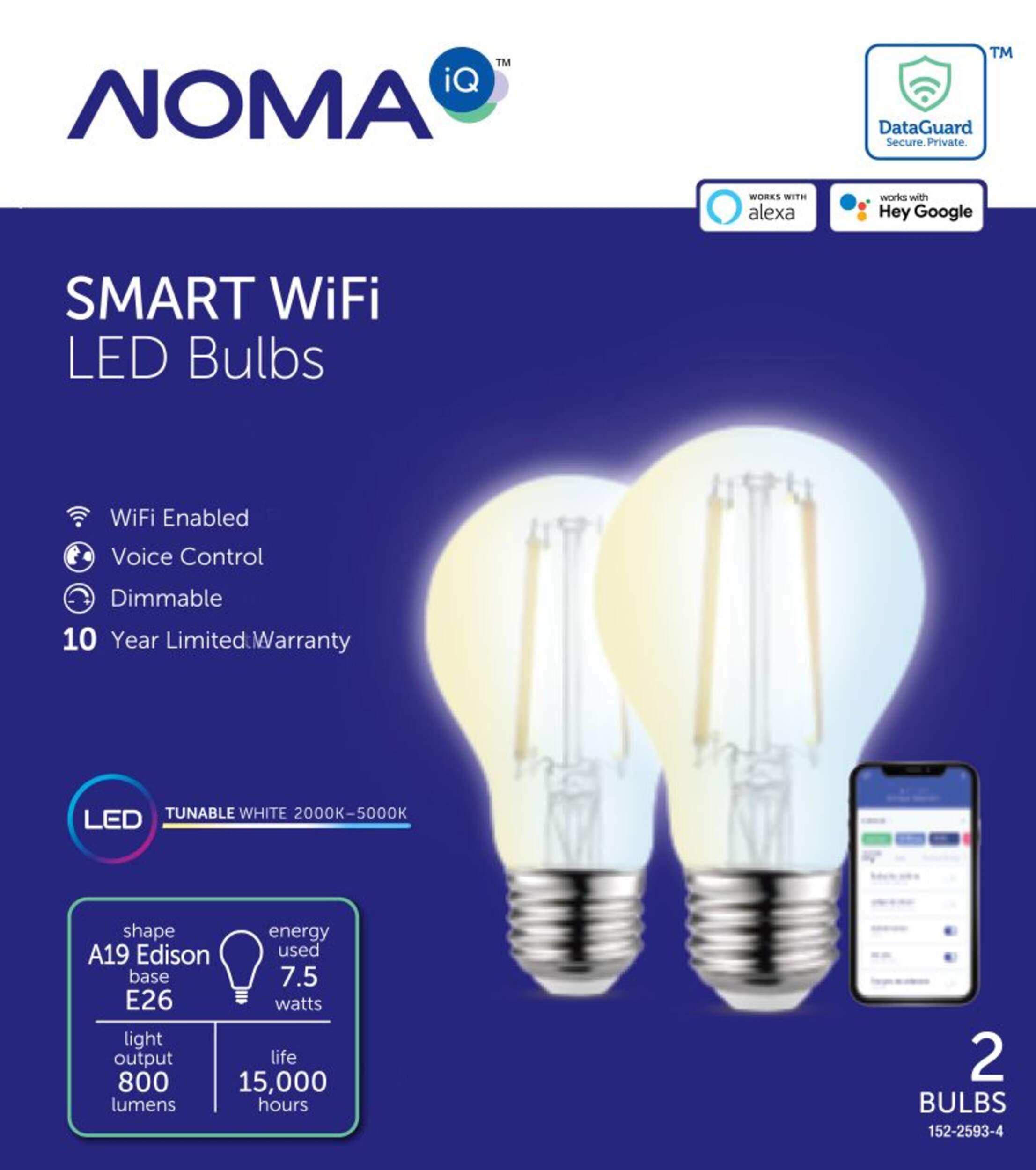 NOMA iQ™ Smart Wi-Fi LED Bulbs, A19  E26 Base, 800 lumens, Edison, Tunable White, 2-pk Front_Flat