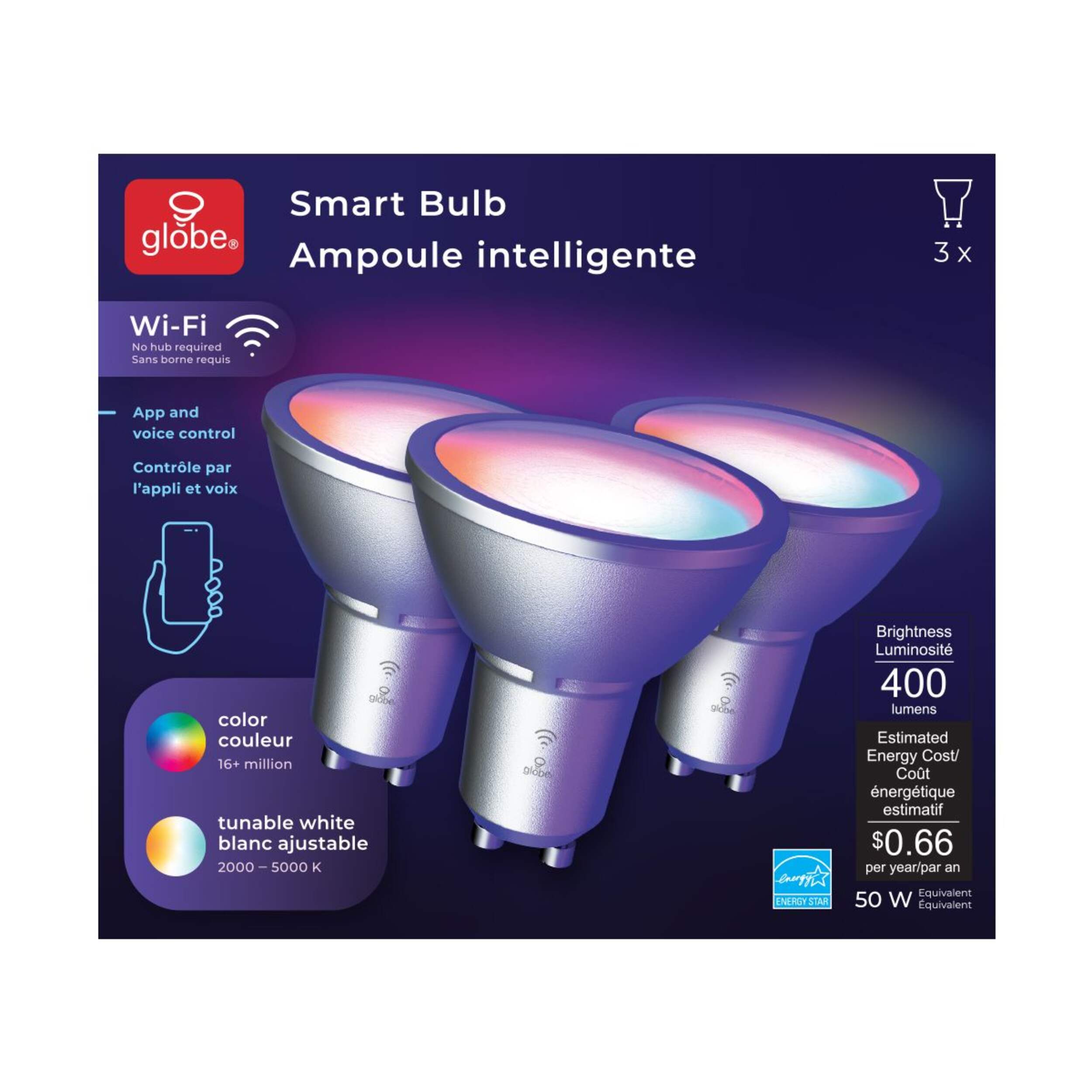 Globe Electric GU10 Smart Wi-Fi Dimmable LED Light Bulbs, 400 Lumens, Tunable White, 50W, 3-pk Front_Flat