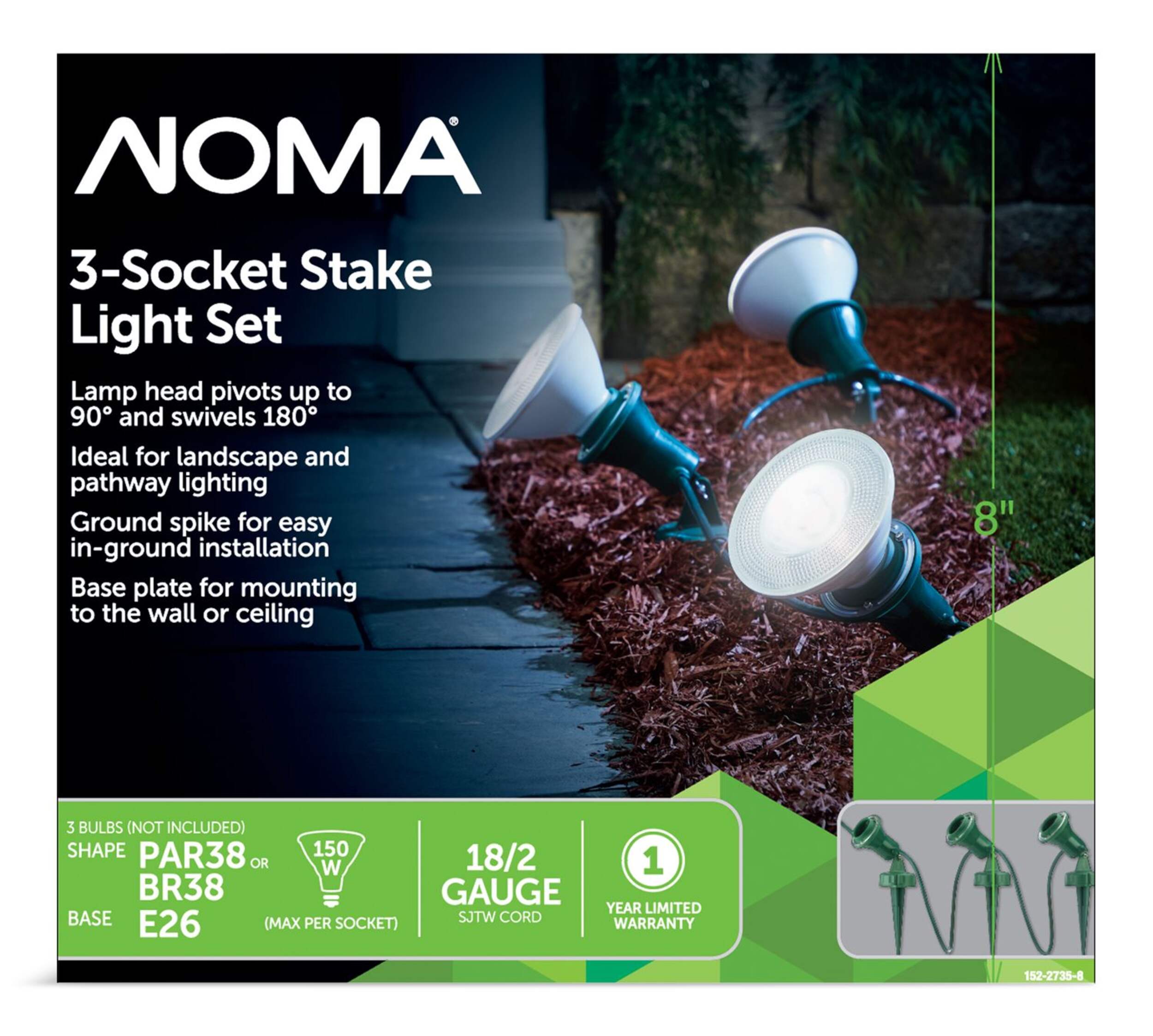 NOMA Pivoting Head LED Stake Light Set, Black, 7-ft Front_Flat