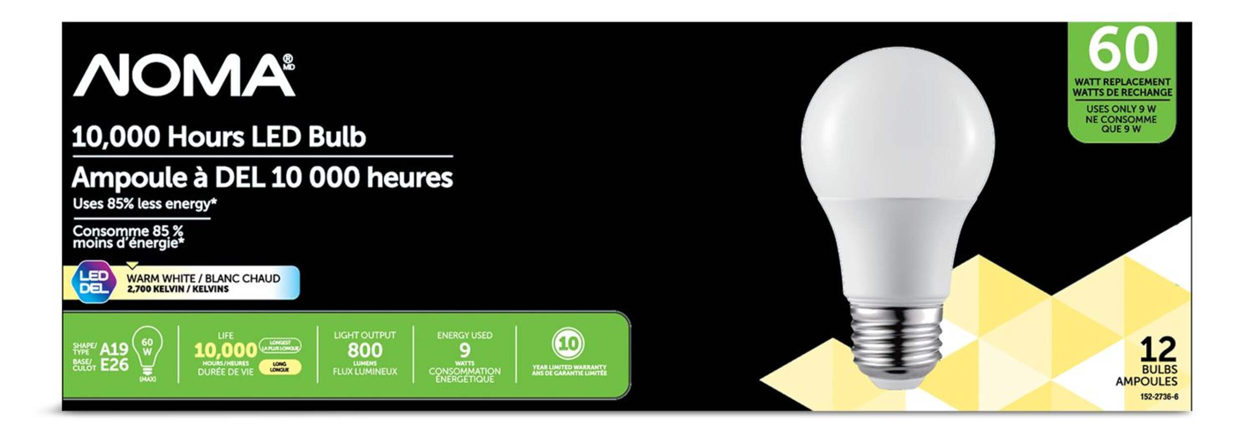 NOMA A19 E26 Base Household Non-Dimmable LED Light Bulbs, 2700K, 800 Lumens, Warm White, 60W, 12-pk Front_Flat