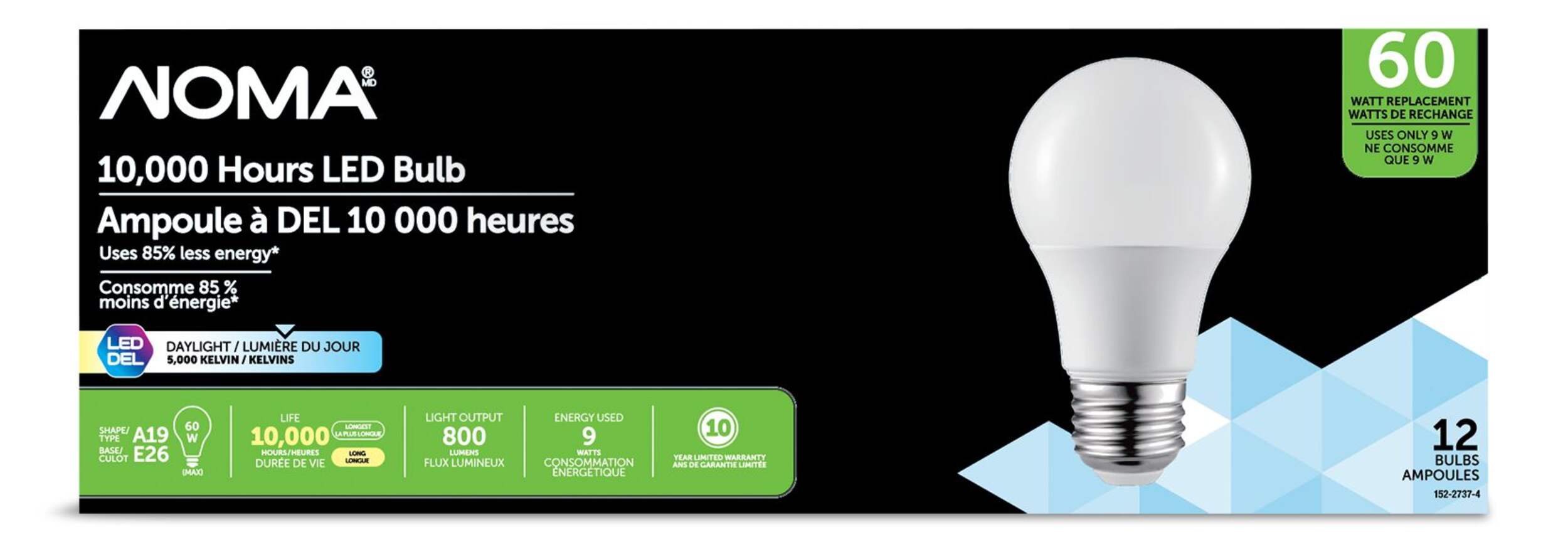 NOMA A19 E26 Base Household Non-Dimmable LED Light Bulbs, 5000K, 800 Lumens, Daylight, 60W, 12-pk Front_Flat