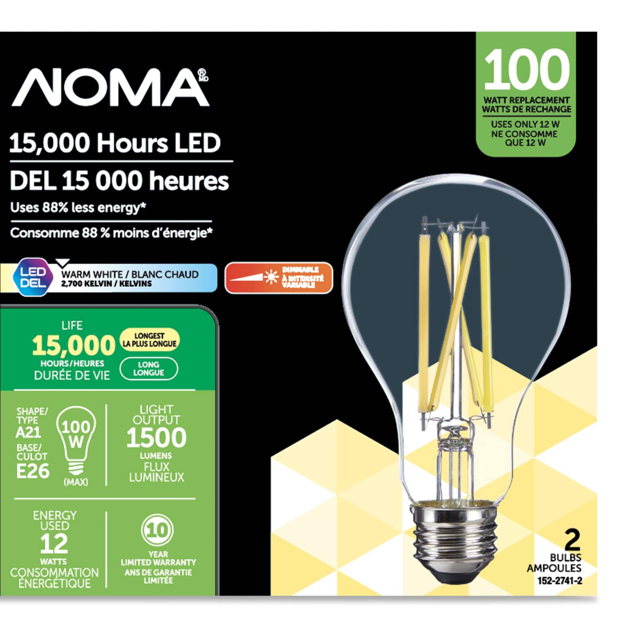 Ampoule à DEL à intensité variable en verre à culot E26 pour la maison NOMA A21, 2 700 K, 1 500 lumens, blanc chaud, 100 W, paq. 2 Front_Flat