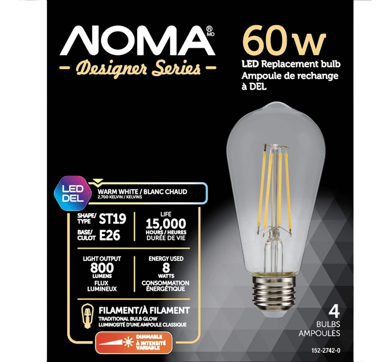 NOMA ST19 E26 Base Vintage Dimmable Clear LED Filament Light Bulb