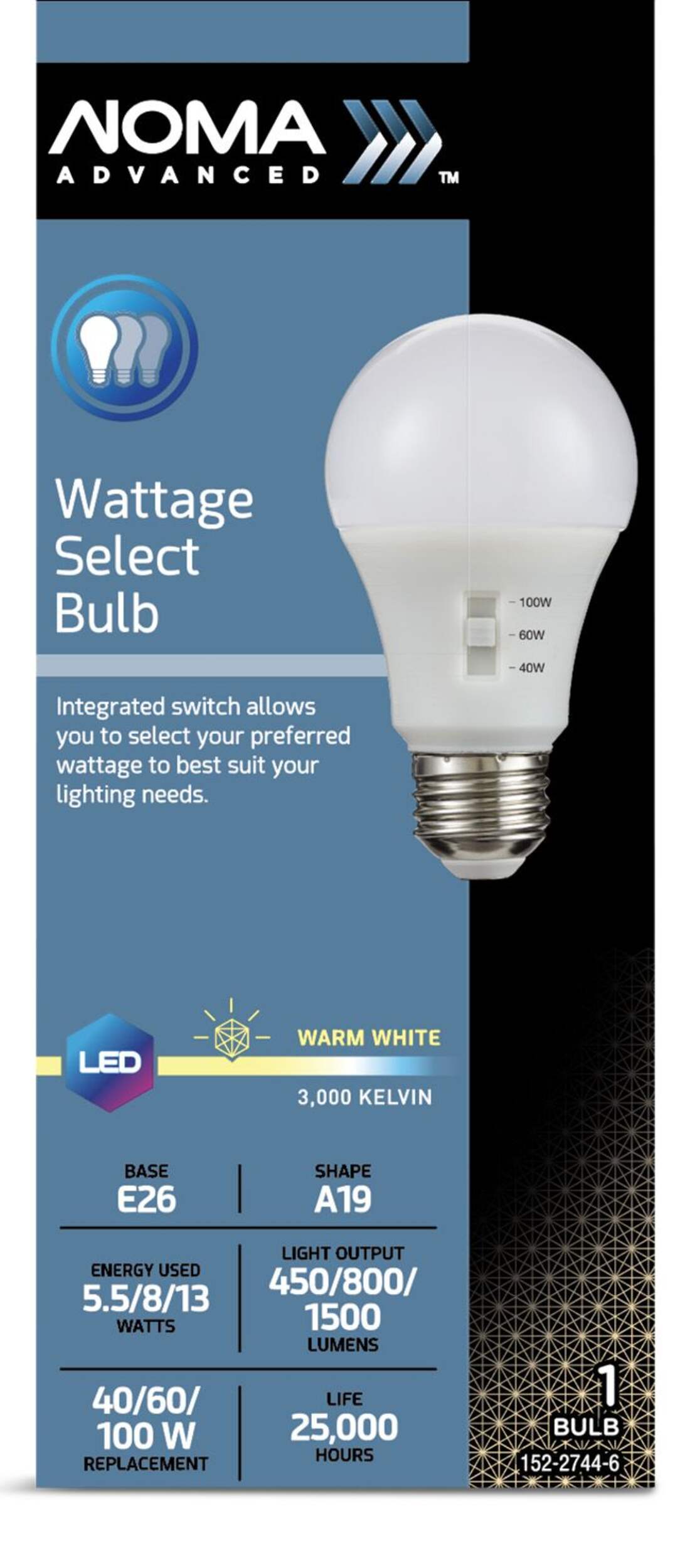 NOMA A19 LED Wattage Select Light Bulb, 3 Wattages to Choose From