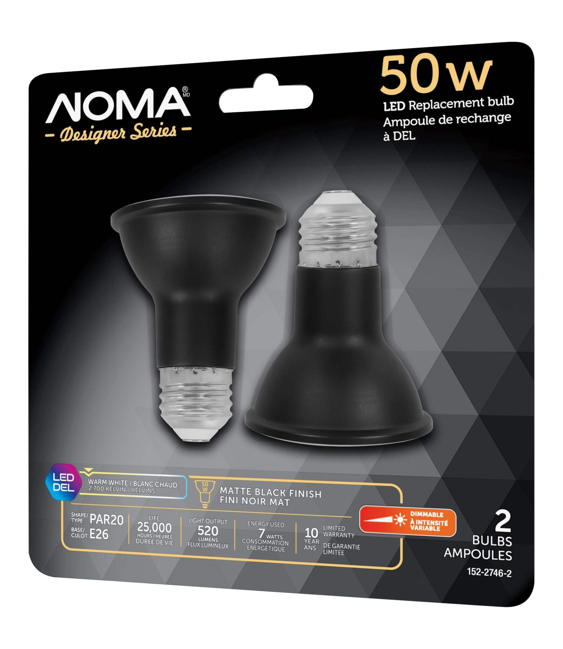 NOMA PAR20 E26 Base Dimmable 50W LED Flood Light Bulb, Matte Black, 2700K Warm White, Front_Three_Fourths_Angled_Left
