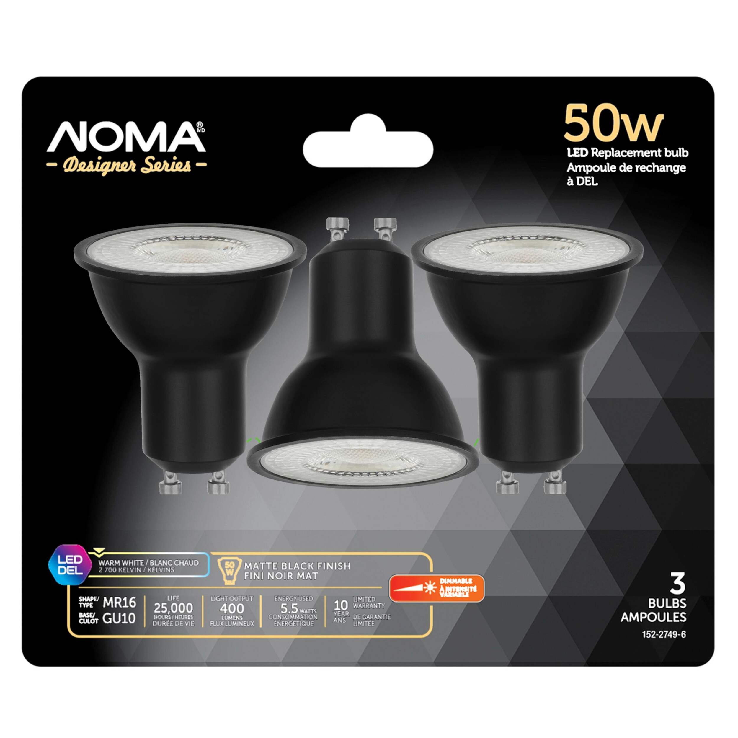 Ampoule pour projecteur à DEL à culot GU10 à intensité variable NOMA MR16 avec base noir mat, 2 700 K, blanc chaud, 50 W, paq. 3 Front_Flat