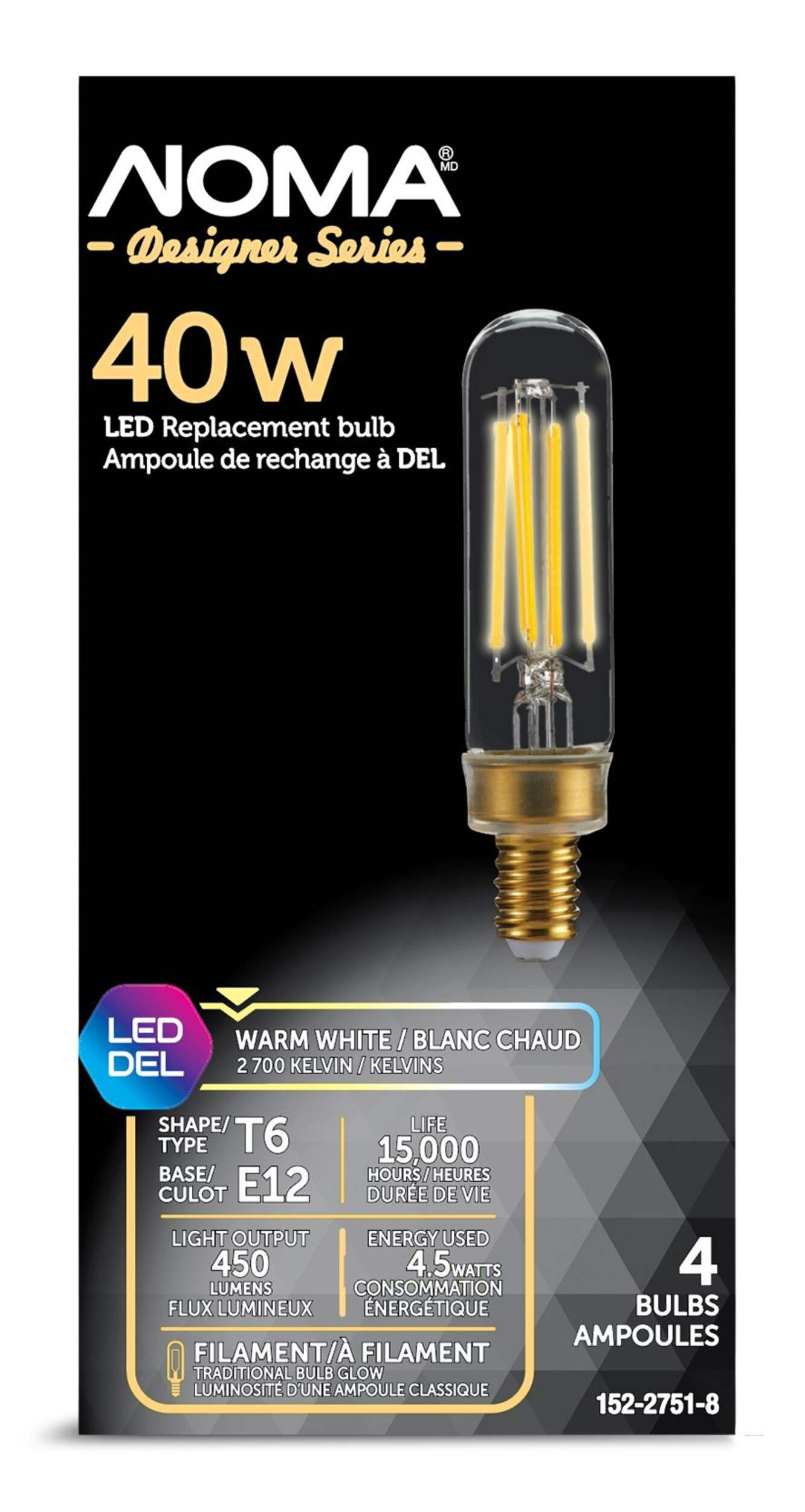 NOMA T6 E12 Base NonDimmable Clear LED Filament Light Bulbs, 2700K