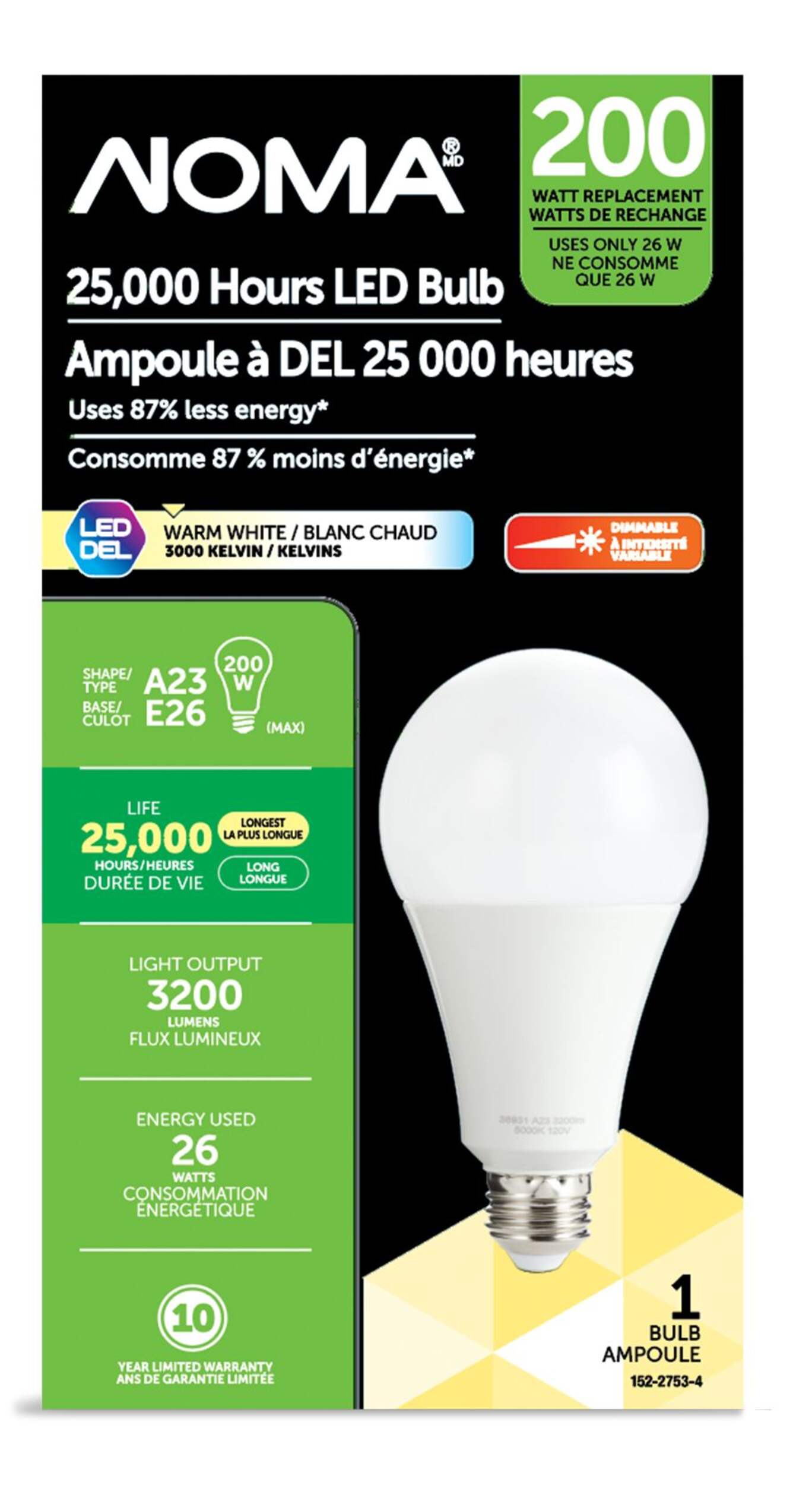 NOMA A23 E26 Dimmable LED Light Bulb, 3000K Warm White, 3200 Lumens, 200W Front_Flat