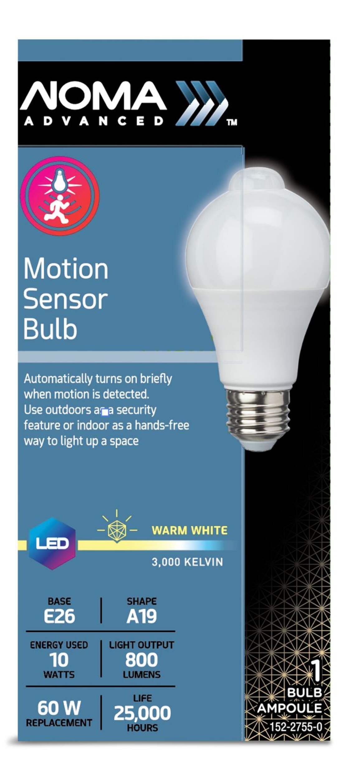 NOMA A19 E26 Base NonDimmable Motion Sensor Light Bulb, Warm White