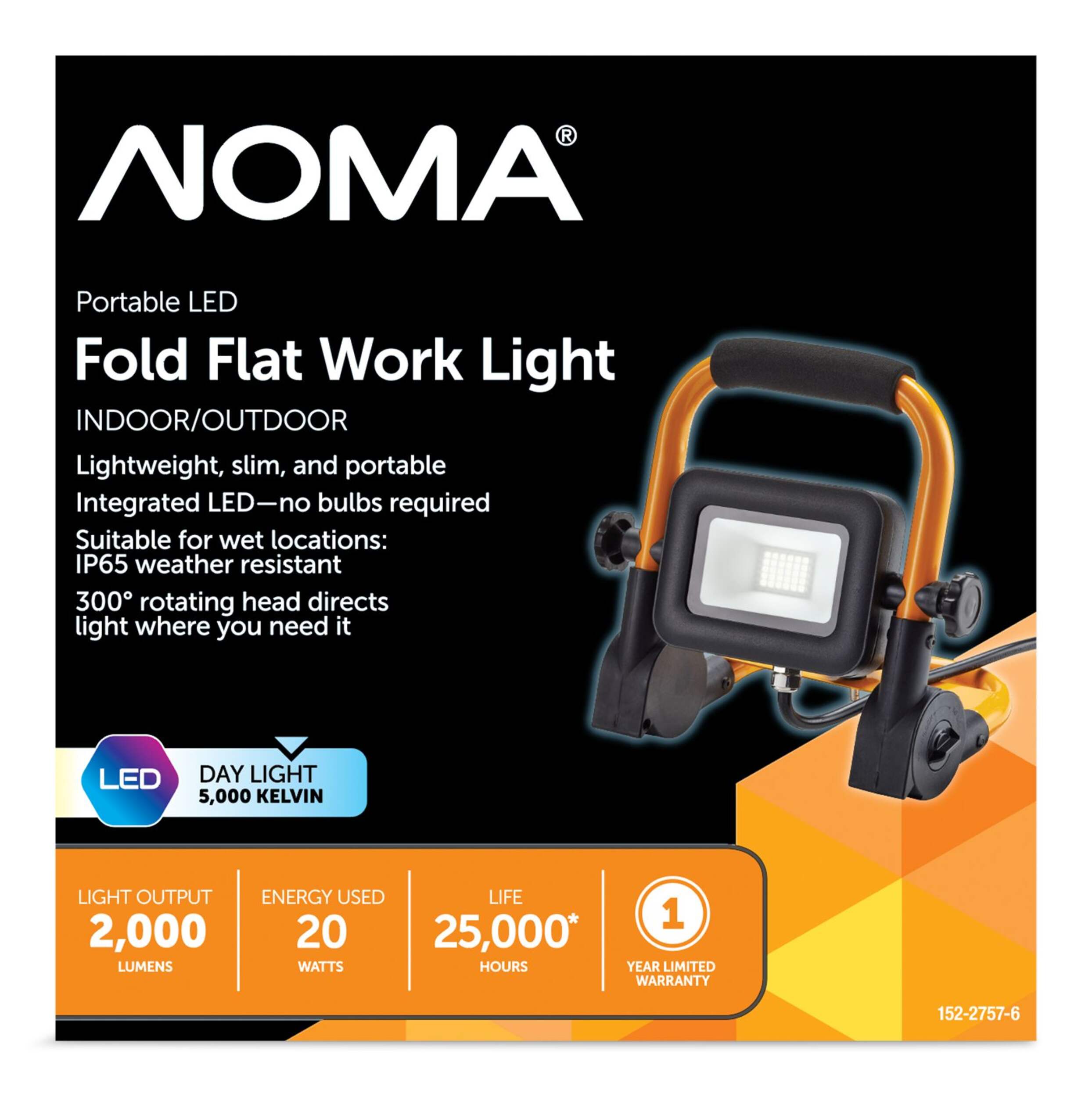 NOMA Portable Integrated LED Work Light with Power Cord, 2000 Lumens, 20W Front_Flat