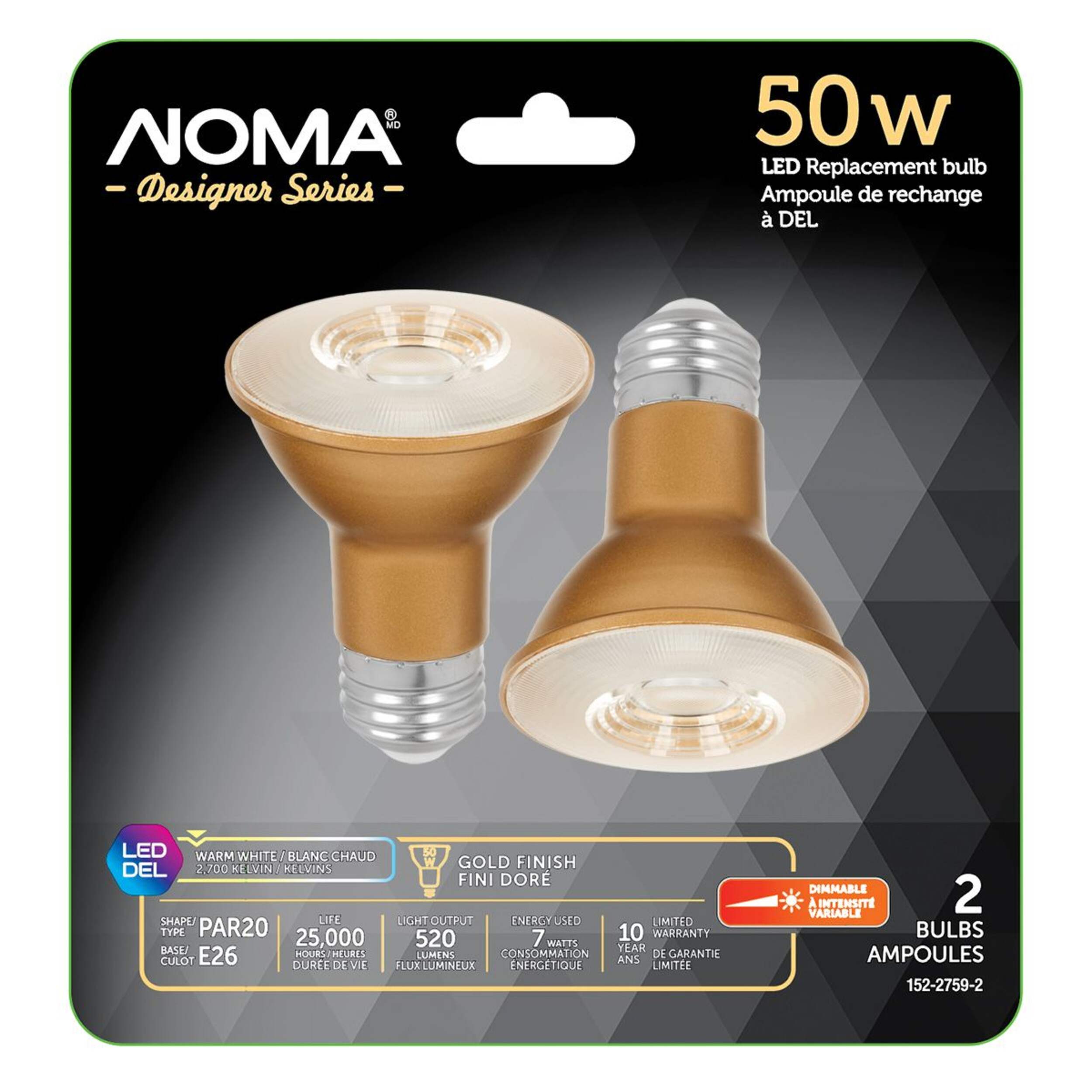 NOMA Designer Series PAR20 E26 Base Dimmable LED Flood Light Bulbs with a Matte Gold Base, Warm White, 50W, 2-pk Front_Flat