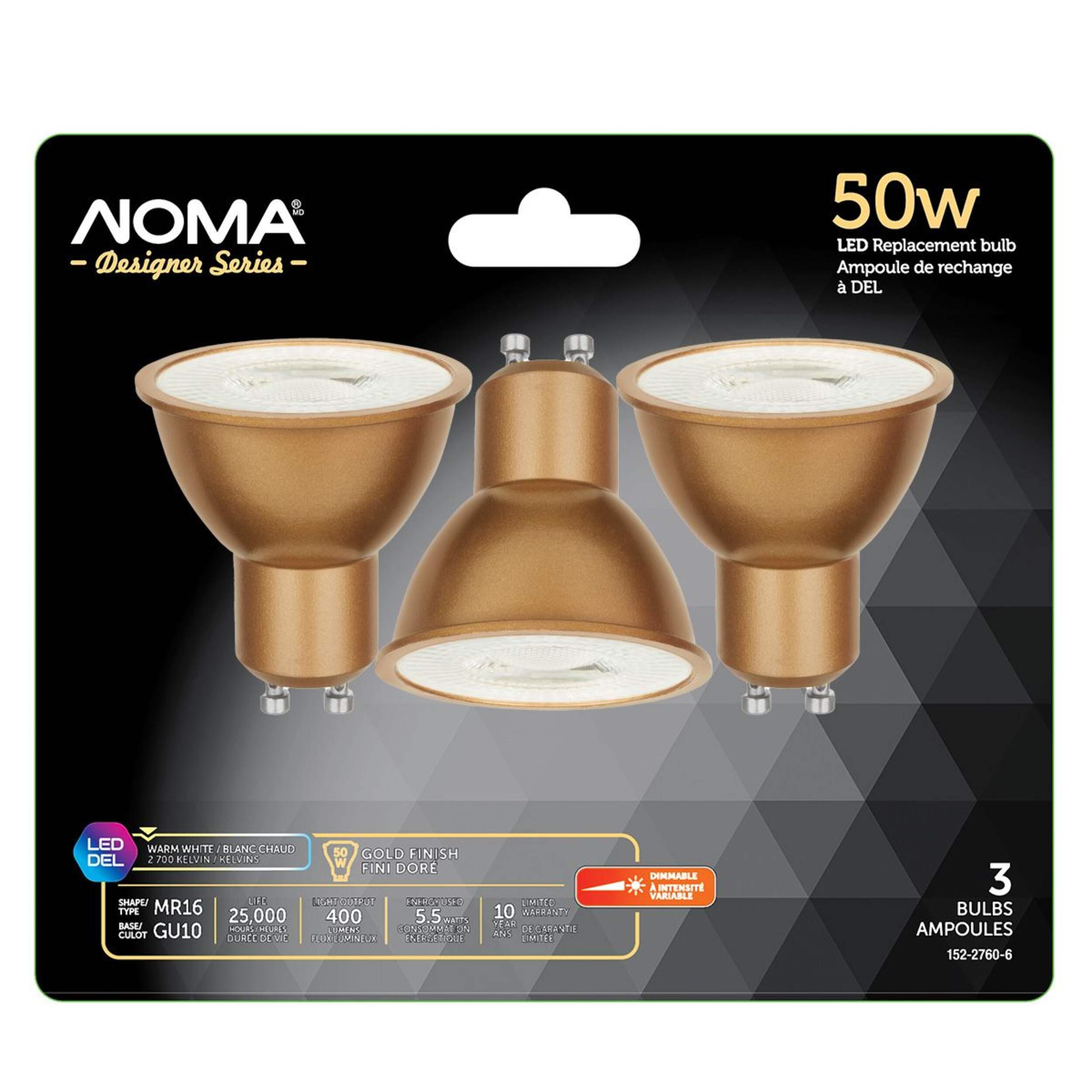 NOMA Designer Series GU10 Base Dimmable 50W LED Flood Light Bulbs, Matte Gold Base, Warm White,  3-Pack Front_Flat