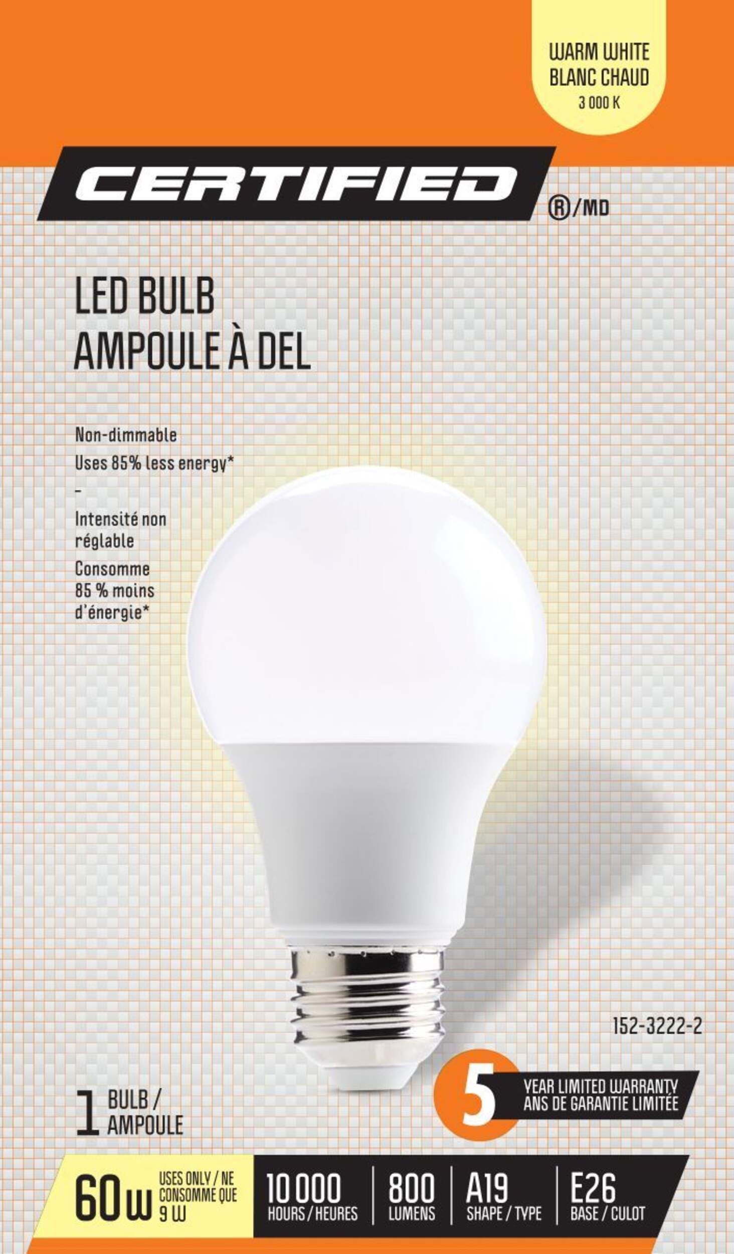 Ampoule à DEL non variable à culot E26 Certified A19, 3000 K, 800 lumens, blanc chaud, 60 W Front_Flat