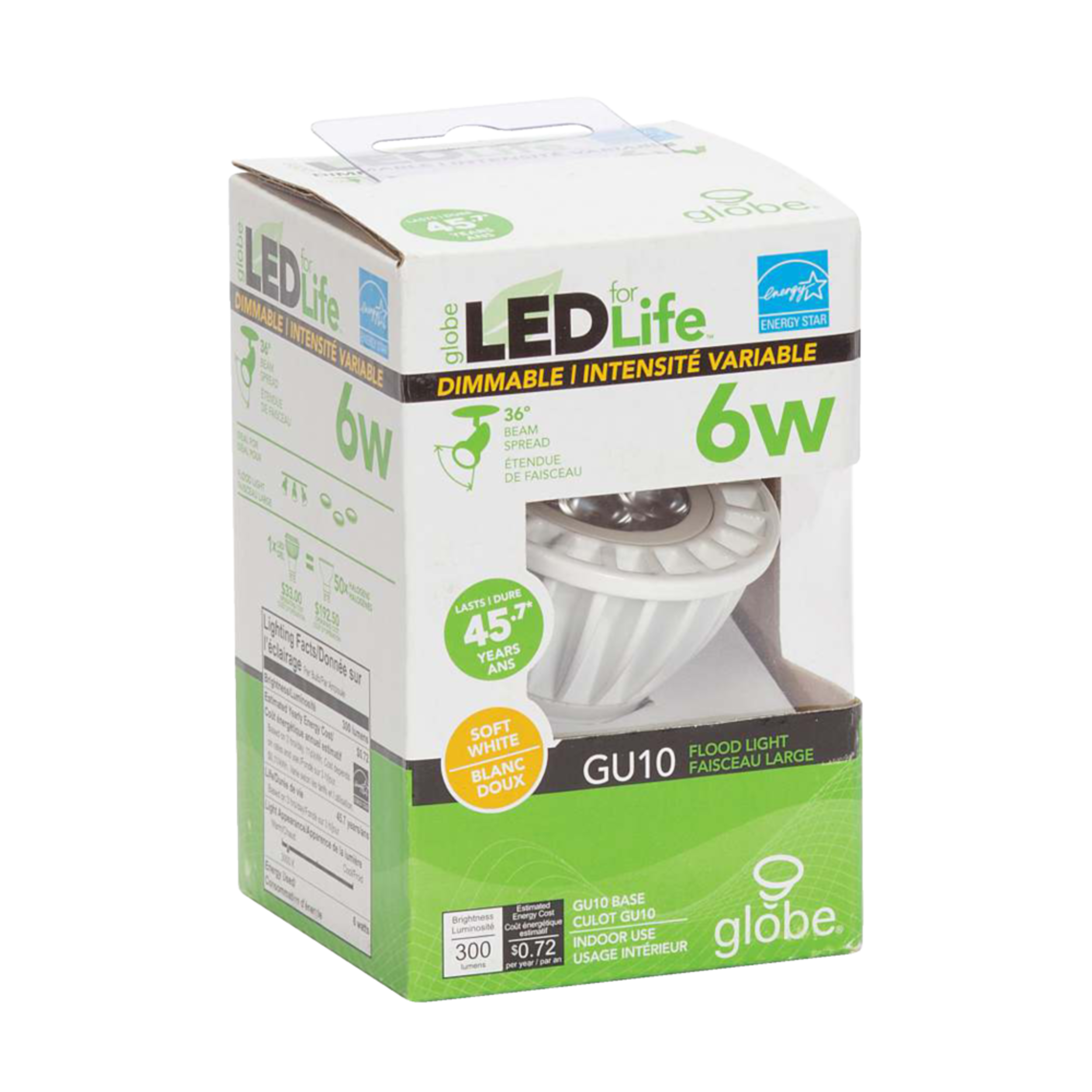 Globe Electric GU10 Base Dimmable Flood Light Bulb, 300 Lumens, Soft White, 35W Front_Three_Fourths_Angled_Right