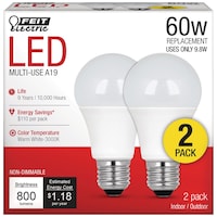 Feit Electric A19 Non-Dimmable LED Light Bulbs, 800 Lumens, Warm White, 60W, 2-pk Front_Elevated